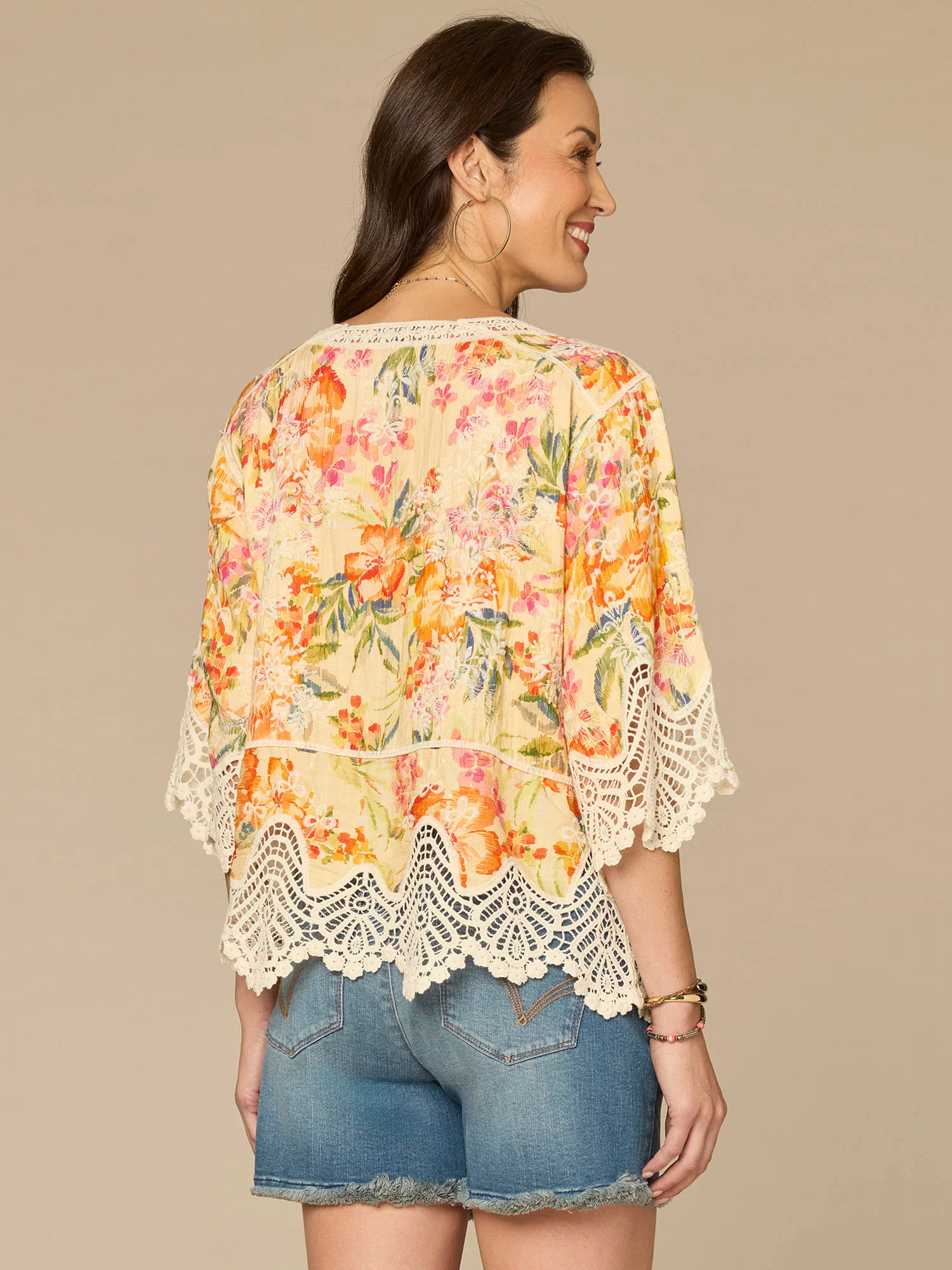 Below Elbow Sleeve V-Notch Neck Scallop Peplum Hem Peplum Petite Woven Top - Image 3