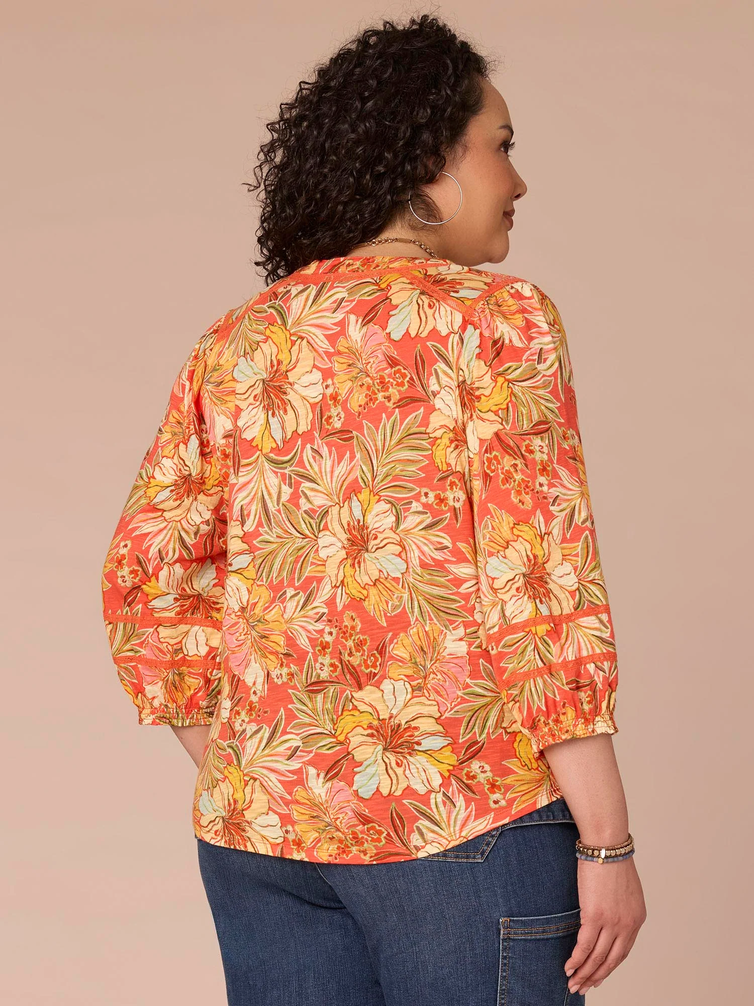 Blouson Sleeve Mandarin Collar Floral Print Plus Size Knit Top - Image 3