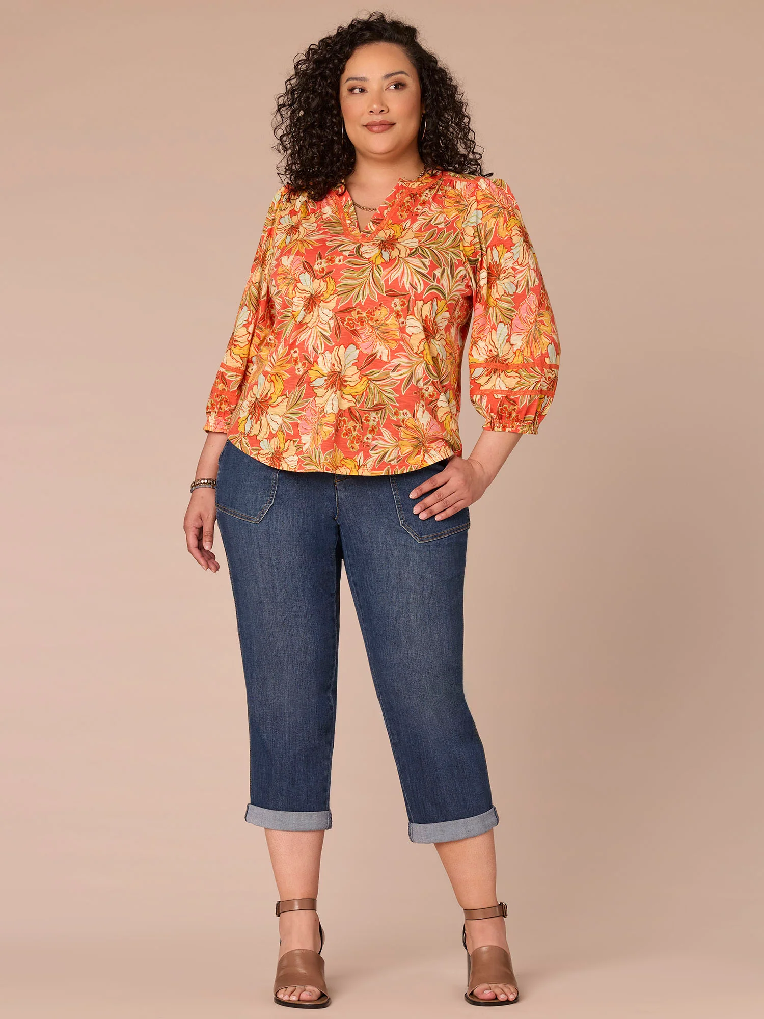 Blouson Sleeve Mandarin Collar Floral Print Plus Size Knit Top - Image 4