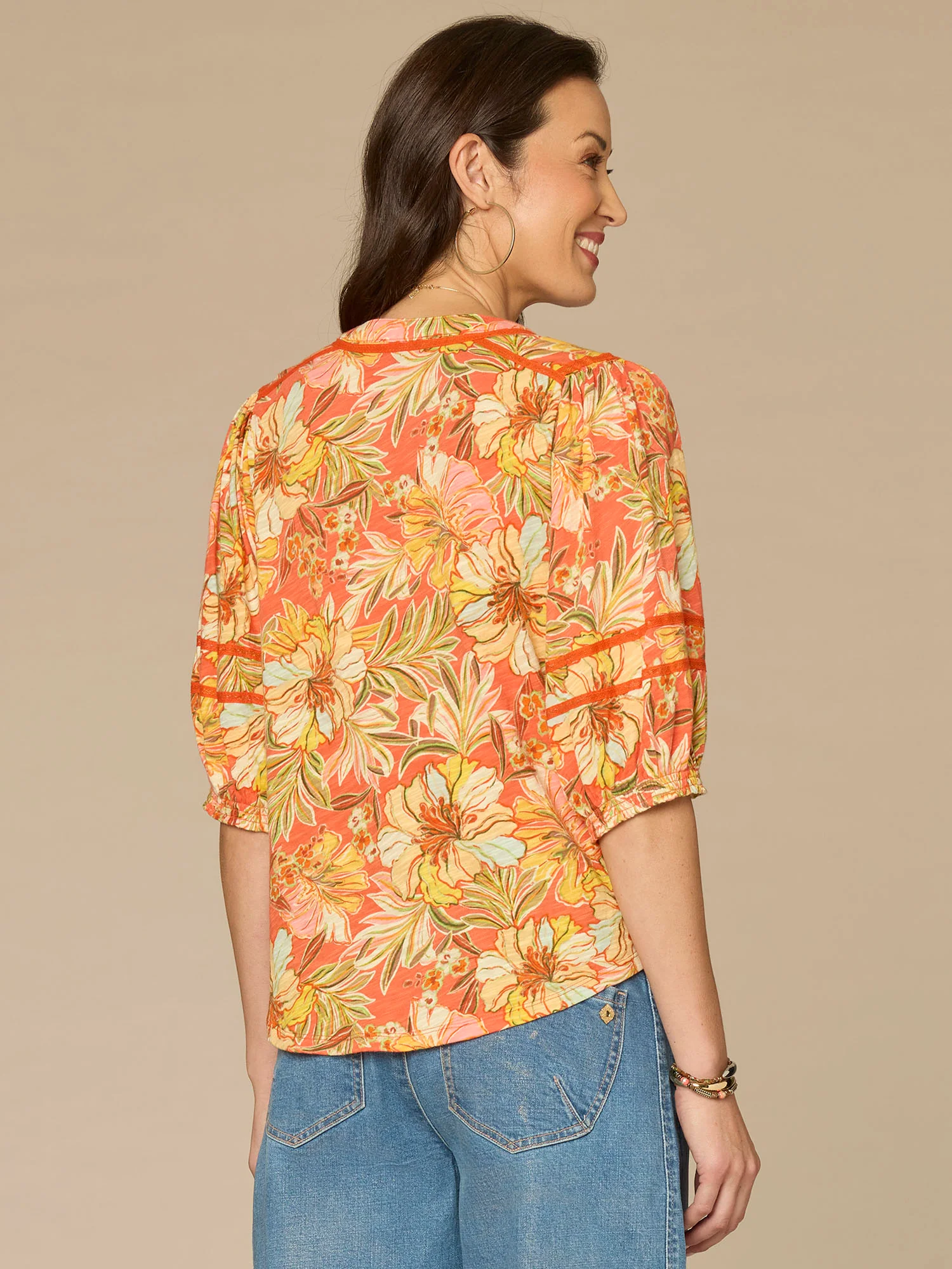 Blouson Sleeve Mandarin Collar Half Placket Floral Print Knit Top - Image 3