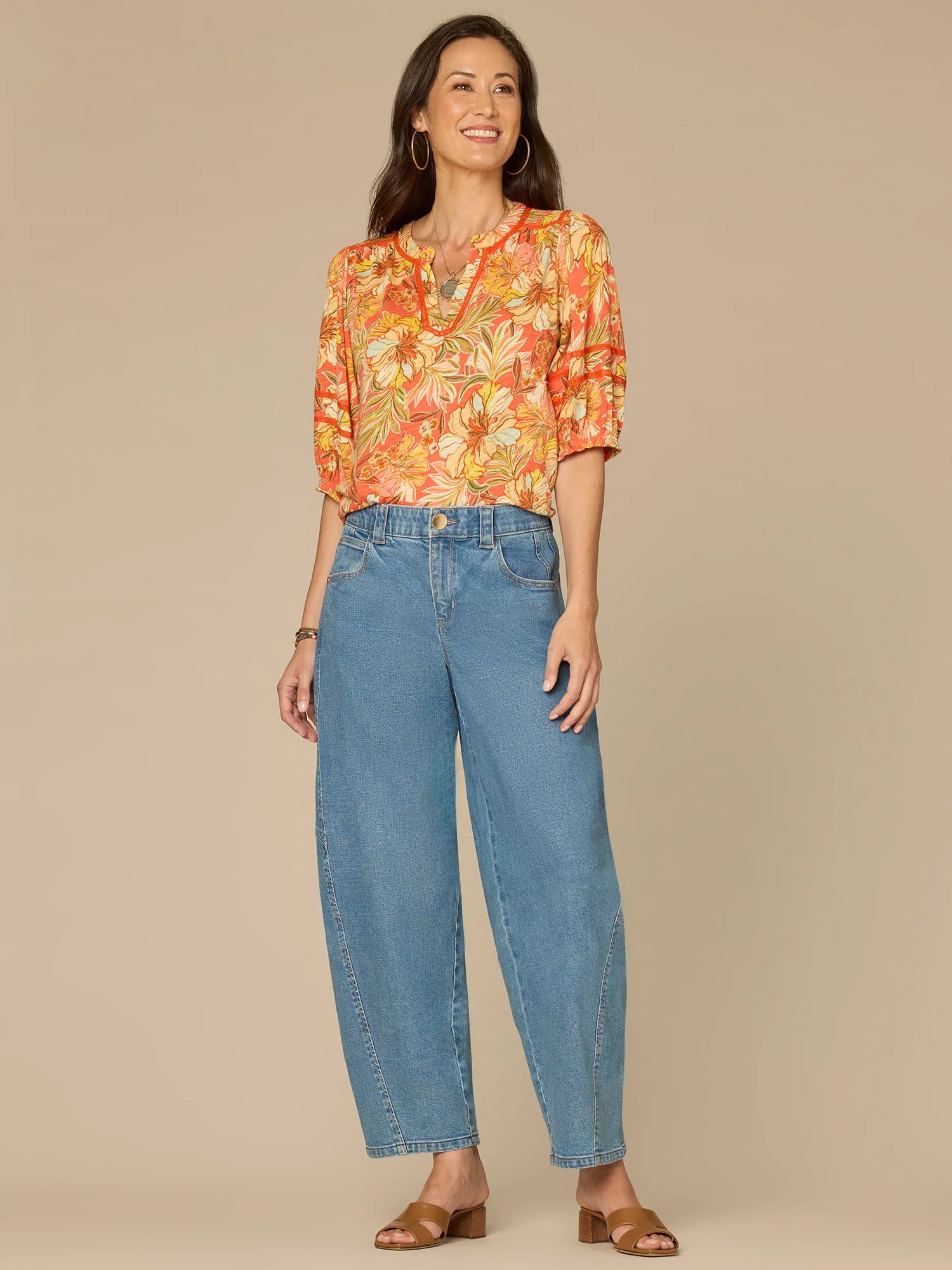 Blouson Sleeve Mandarin Collar Half Placket Floral Print Knit Top - Image 4