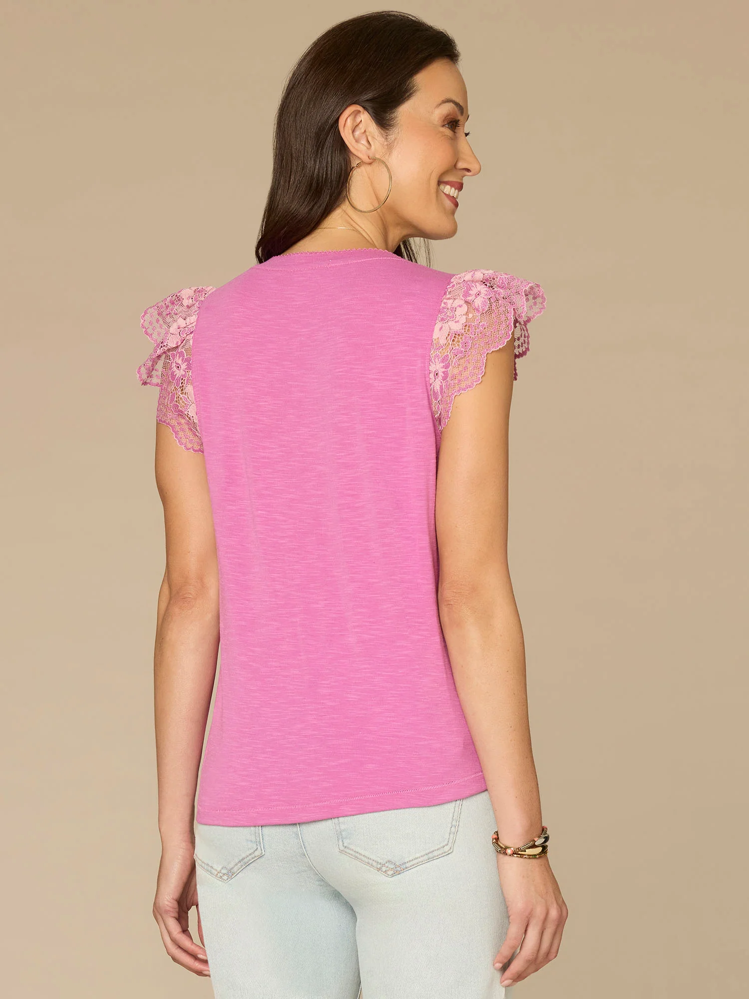 Flutter Cap Sleeve Scallop Sweetheart Neck Mixed Media Knit Top - Image 3