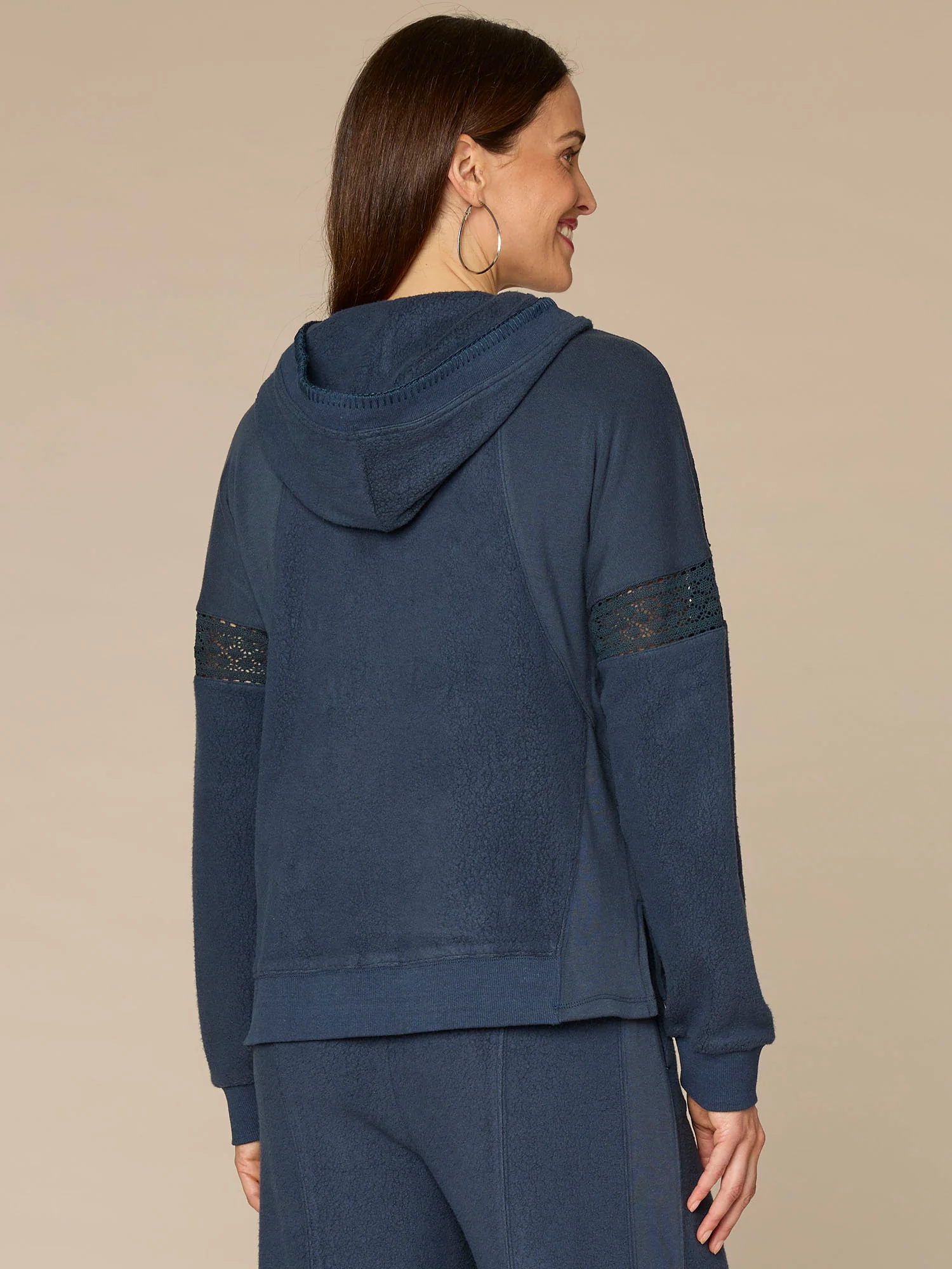 Long Sleeve Half Placket Mixed Media Knit Hoodie with Blanket Stitch - Image 3