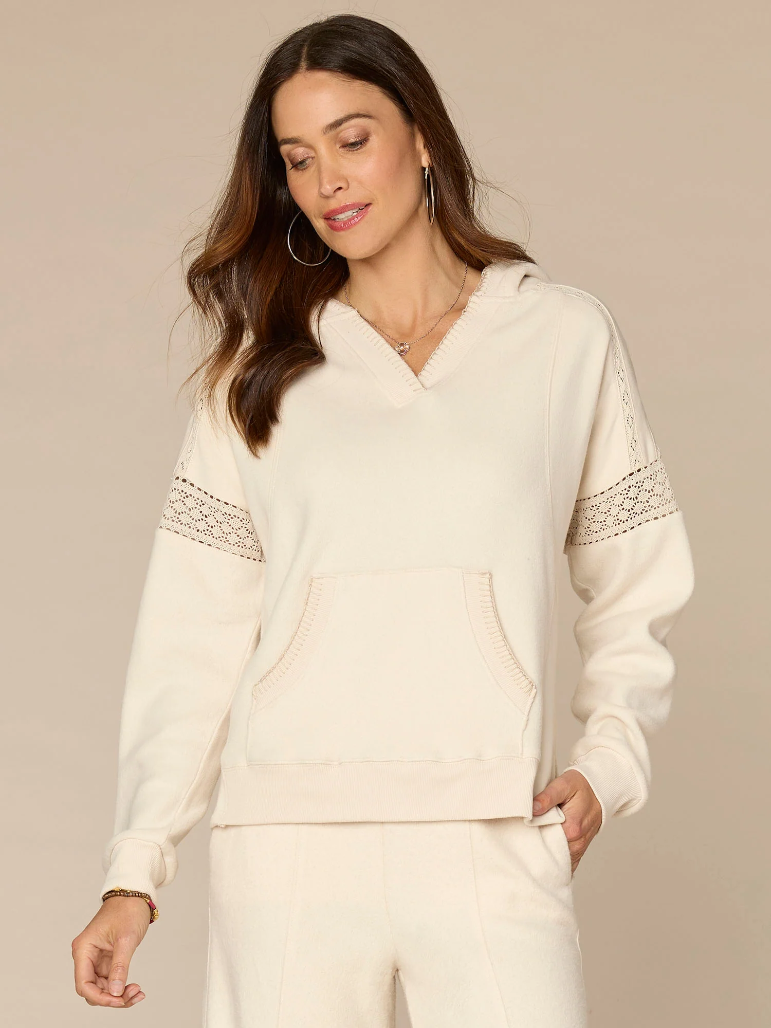 Long Sleeve Half Placket Mixed Media Knit Hoodie with Blanket Stitch - Image 5