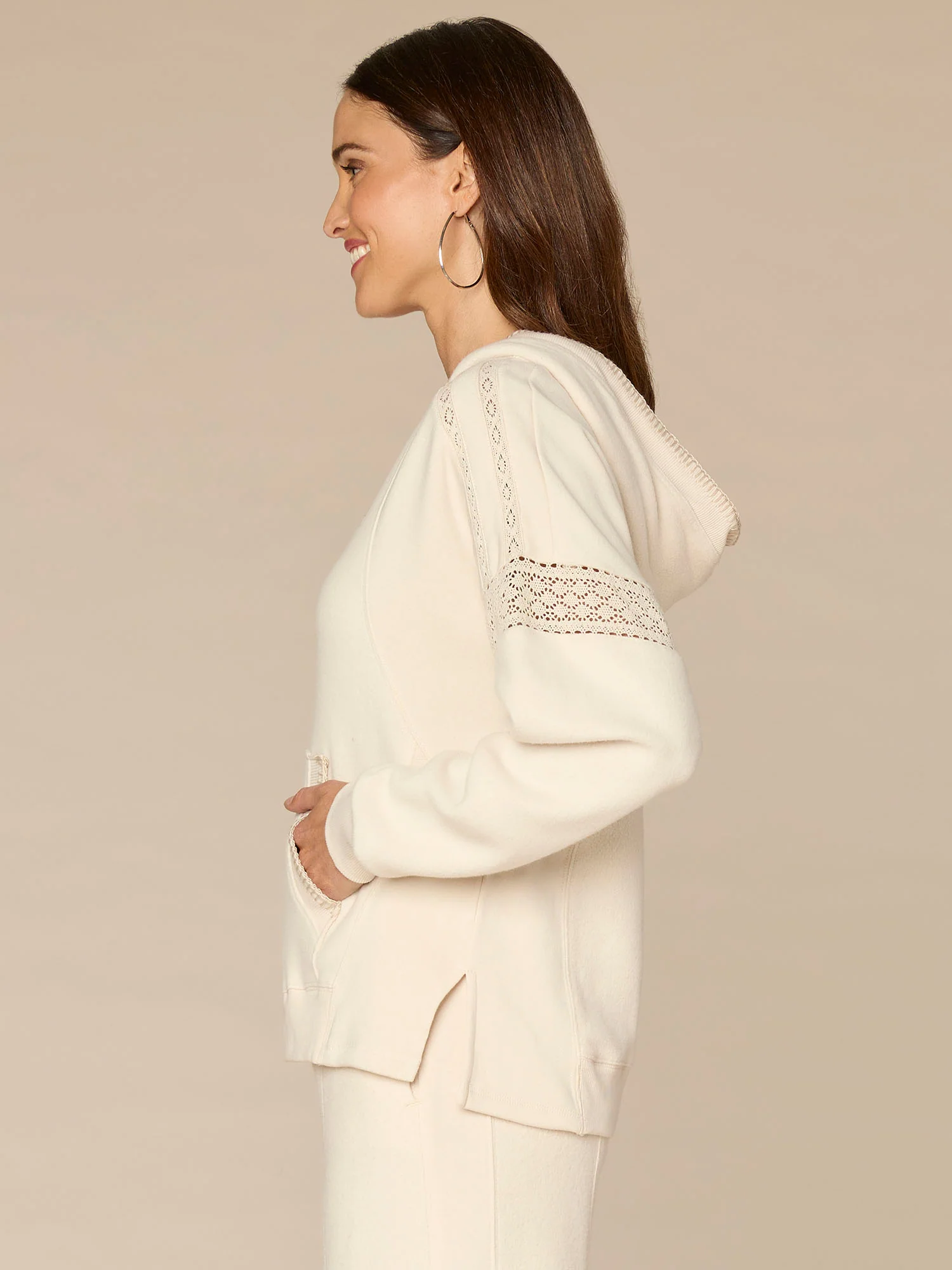 Long Sleeve Half Placket Mixed Media Knit Hoodie with Blanket Stitch - Image 6
