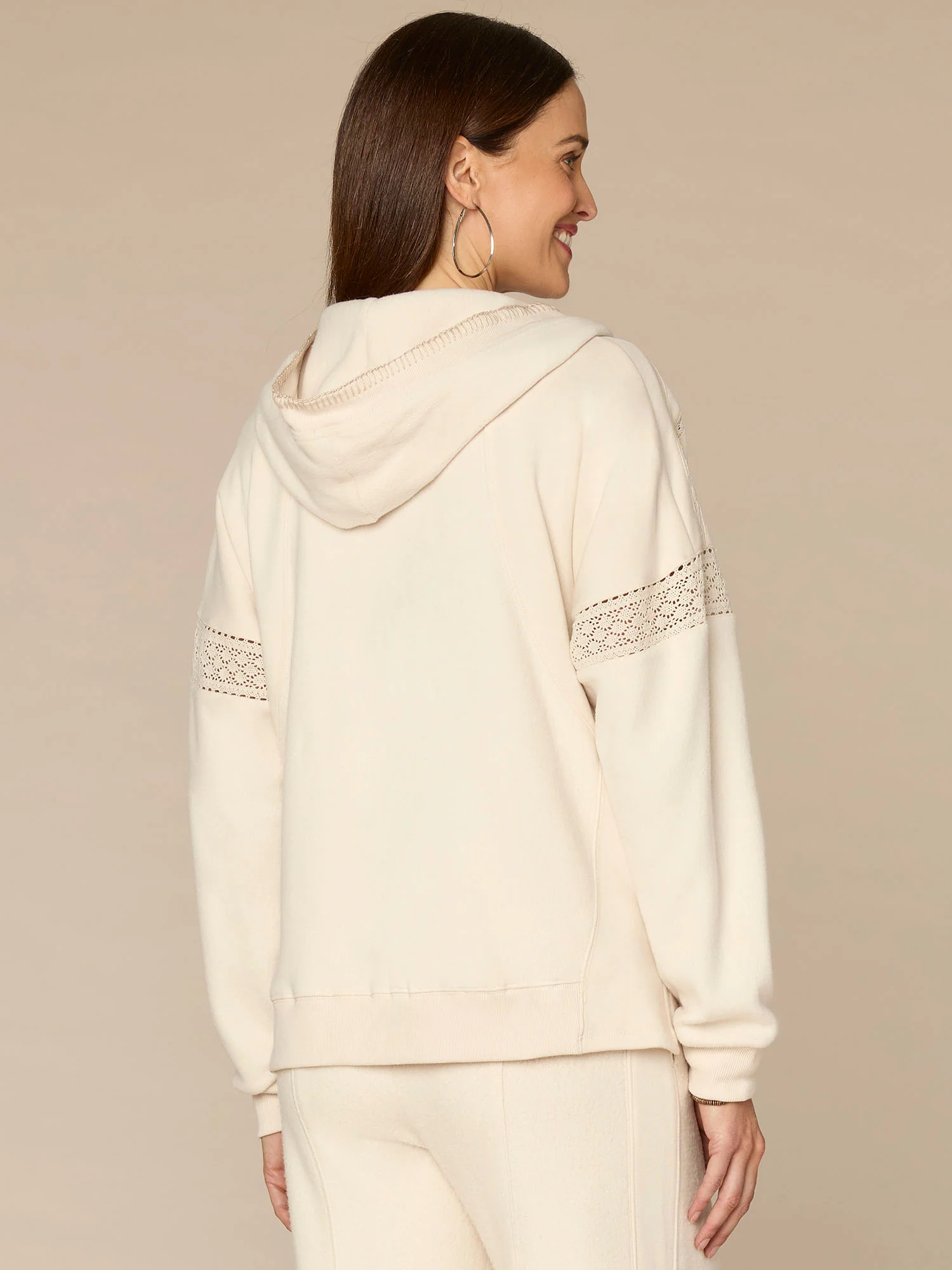 Long Sleeve Half Placket Mixed Media Knit Hoodie with Blanket Stitch - Image 7