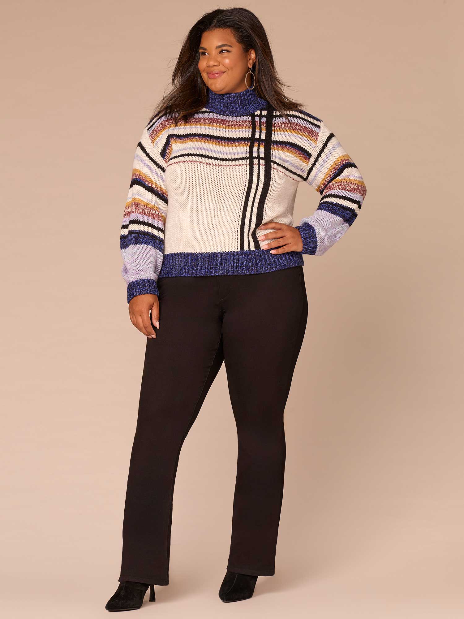 Long Sleeve Mock Neck Placement Stripe Plus Size Sweater - Image 5