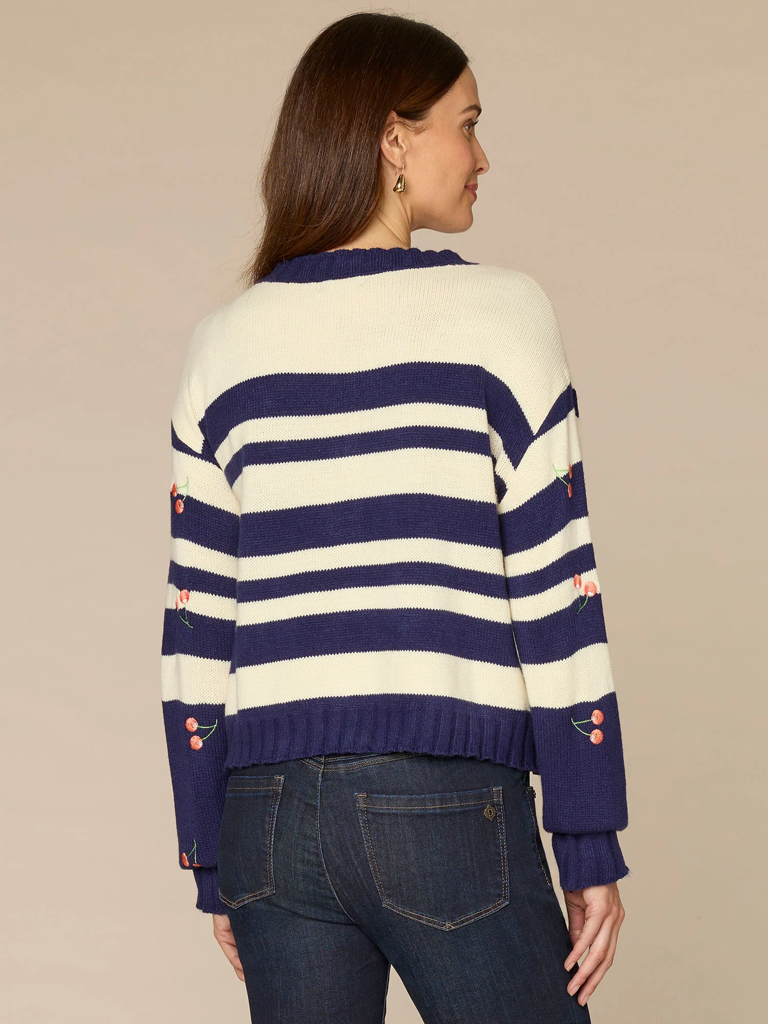 Long Sleeve Round Neck Button Front Embroidered Stripe Cardigan - Image 3