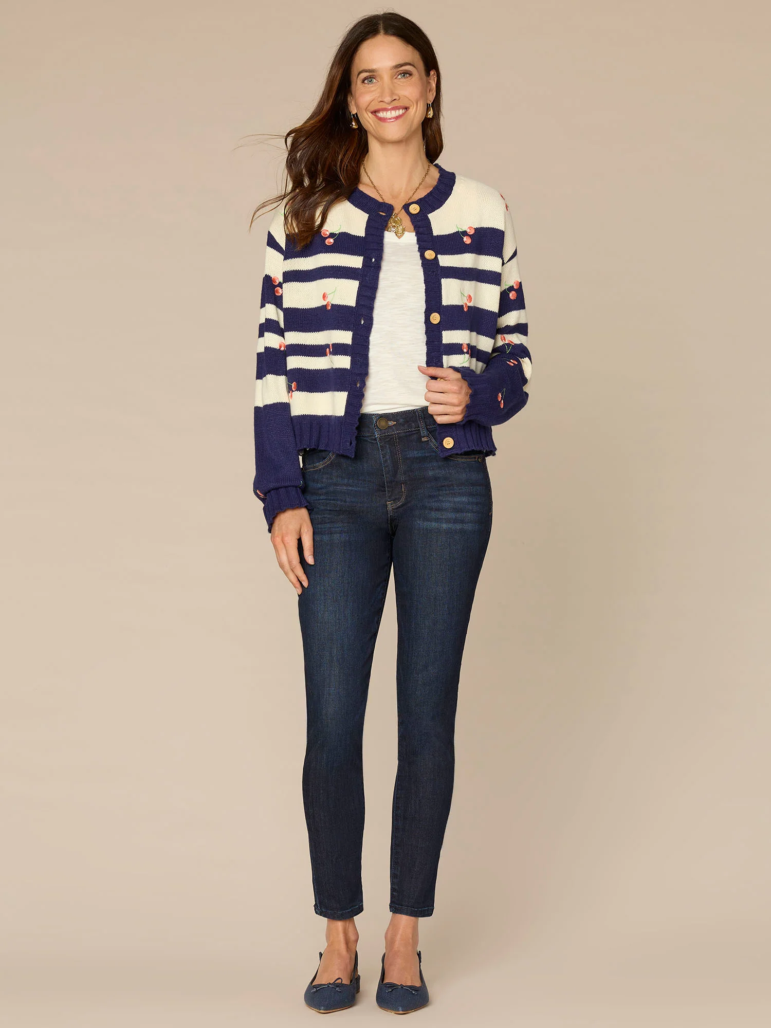 Long Sleeve Round Neck Button Front Embroidered Stripe Cardigan - Image 4