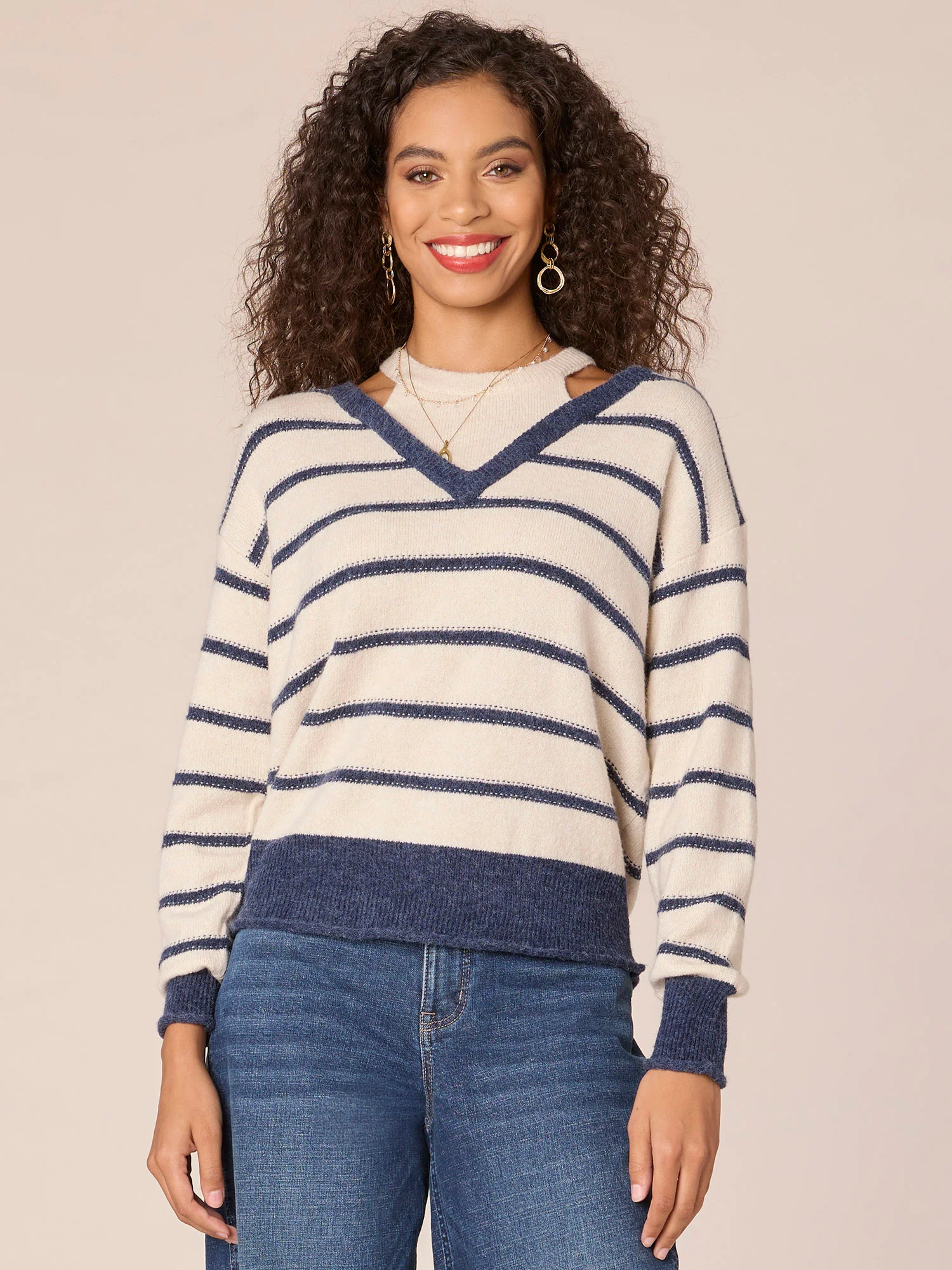 Long Sleeve Twofer V-Neck Novelty Stitch Stripe Sweater - Image 10