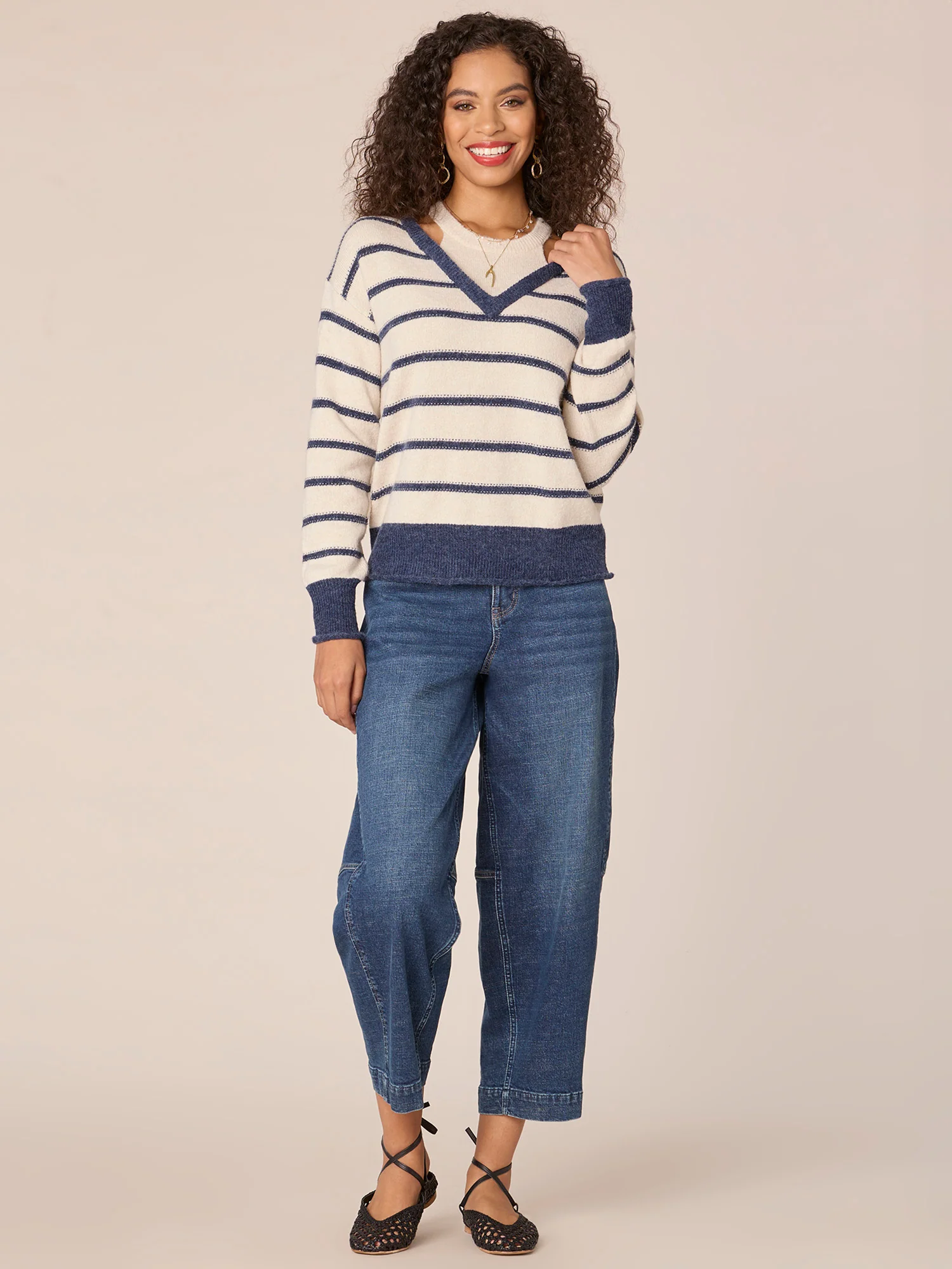 Long Sleeve Twofer V-Neck Novelty Stitch Stripe Sweater - Image 12