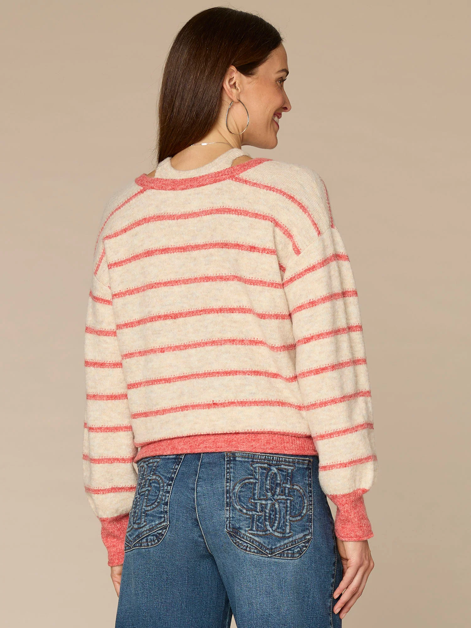 Long Sleeve Twofer V-Neck Novelty Stitch Stripe Sweater - Image 3