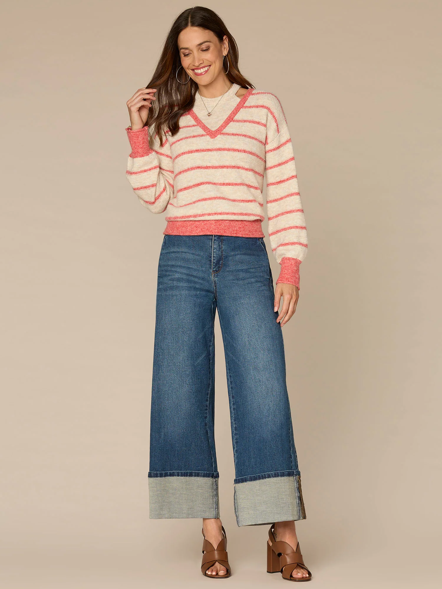 Long Sleeve Twofer V-Neck Novelty Stitch Stripe Sweater - Image 4