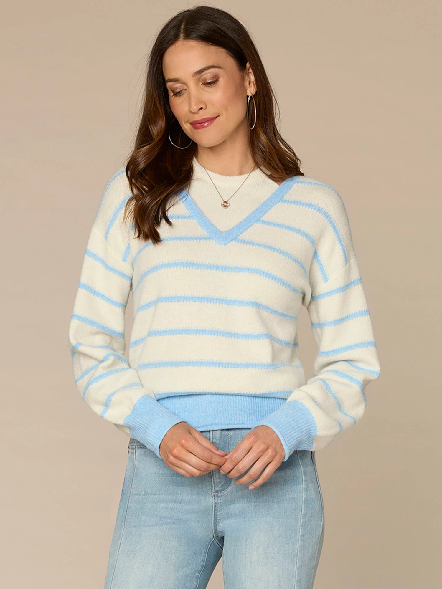 Long Sleeve Twofer V-Neck Novelty Stitch Stripe Sweater - Image 5
