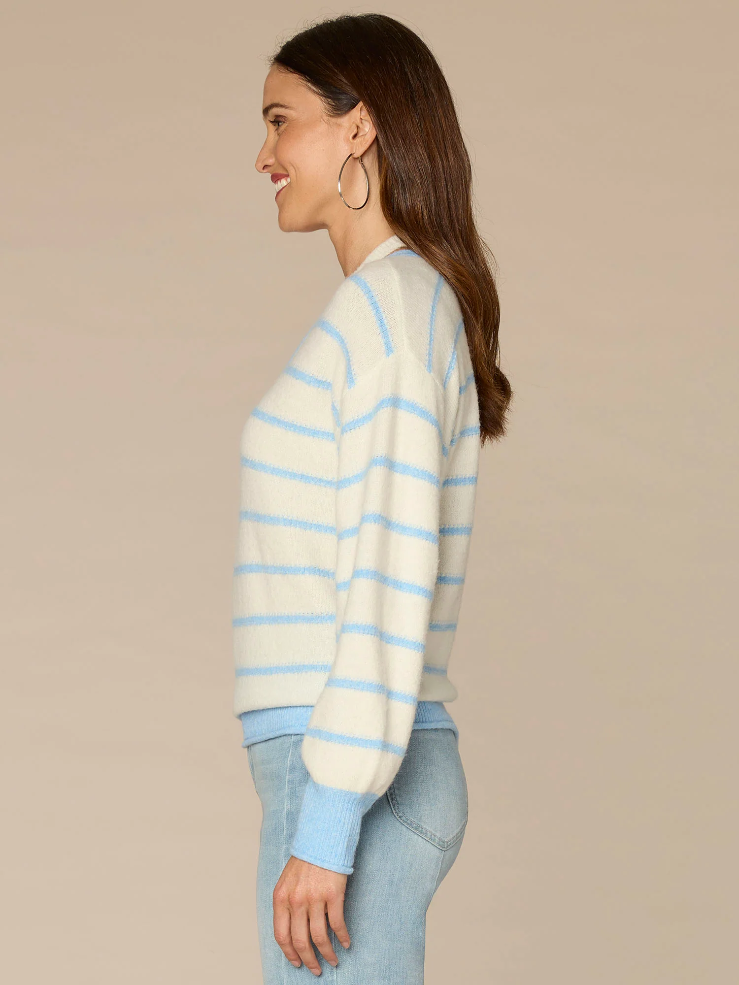 Long Sleeve Twofer V-Neck Novelty Stitch Stripe Sweater - Image 6