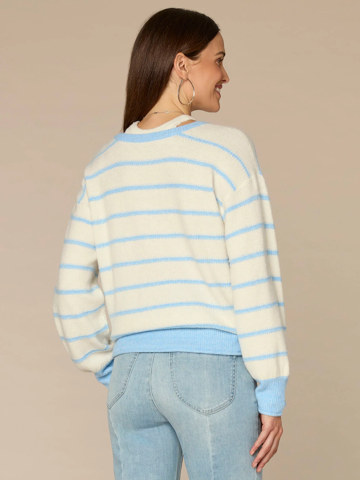 Long Sleeve Twofer V-Neck Novelty Stitch Stripe Sweater - Image 7