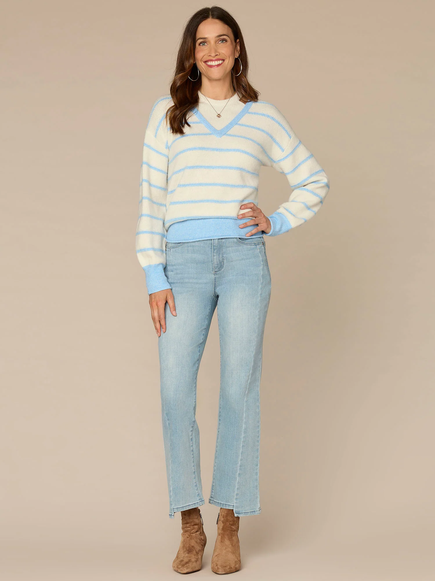 Long Sleeve Twofer V-Neck Novelty Stitch Stripe Sweater - Image 8