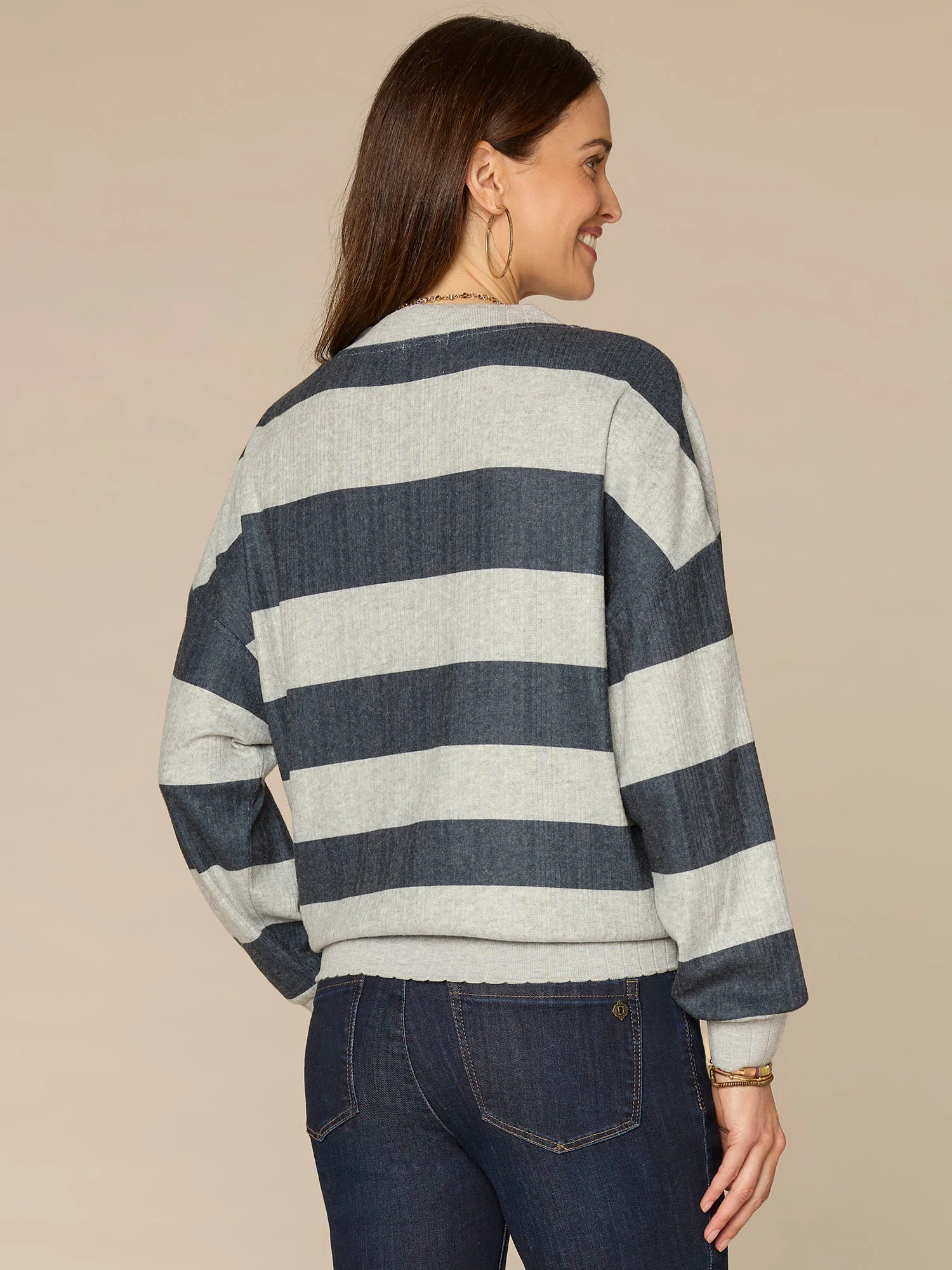 Long Sleeve V-Notch Neck Striped Knit Top with Kangaroo Pocket - Image 3