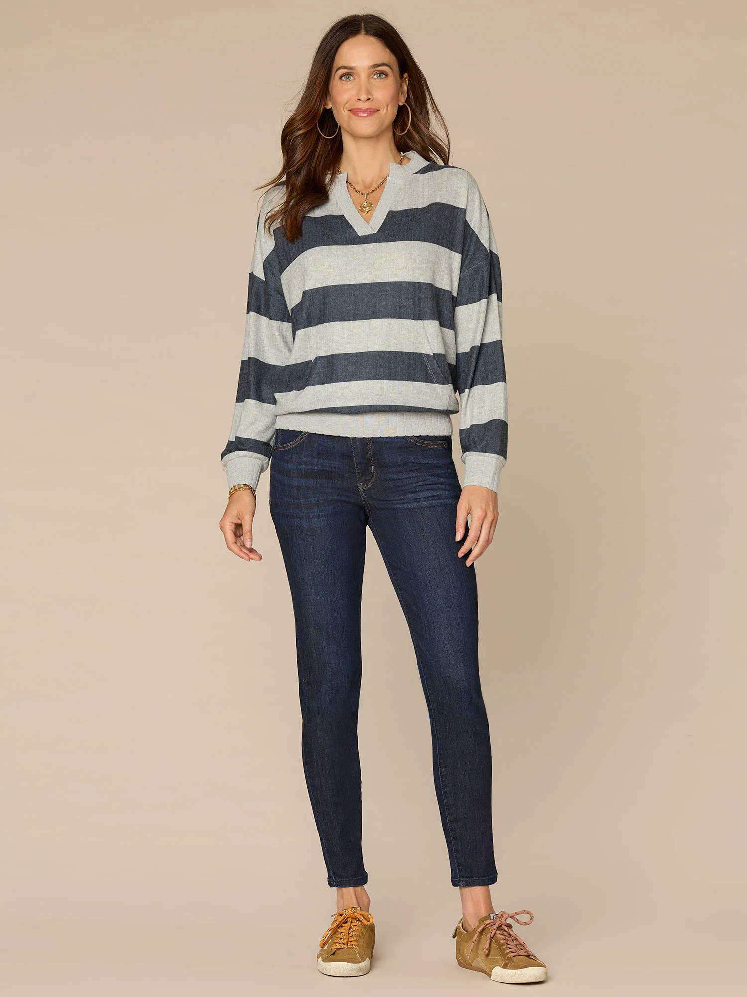 Long Sleeve V-Notch Neck Striped Knit Top with Kangaroo Pocket - Image 4