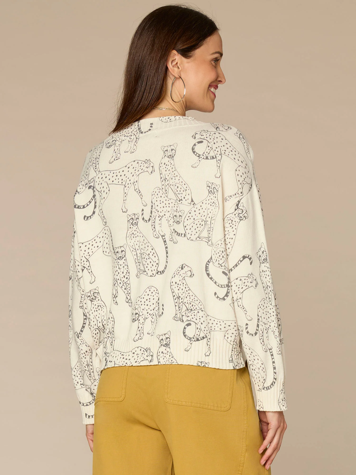 Long Straight Sleeve Ribbed Boat Neck Printed Pull Over Sweater - Image 3