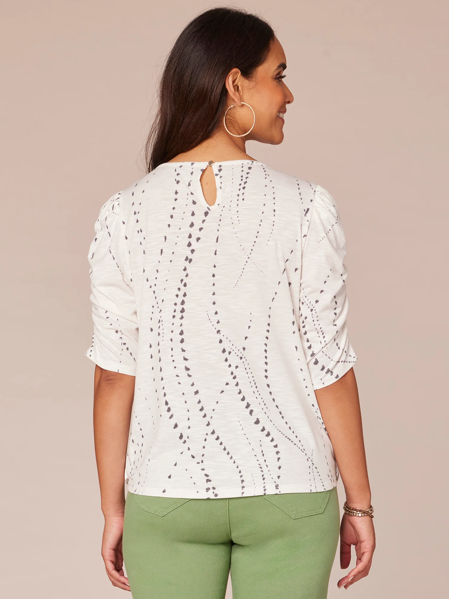Ruched Elbow Sleeve Scoop Neck Dot Print Knit Top - Image 11