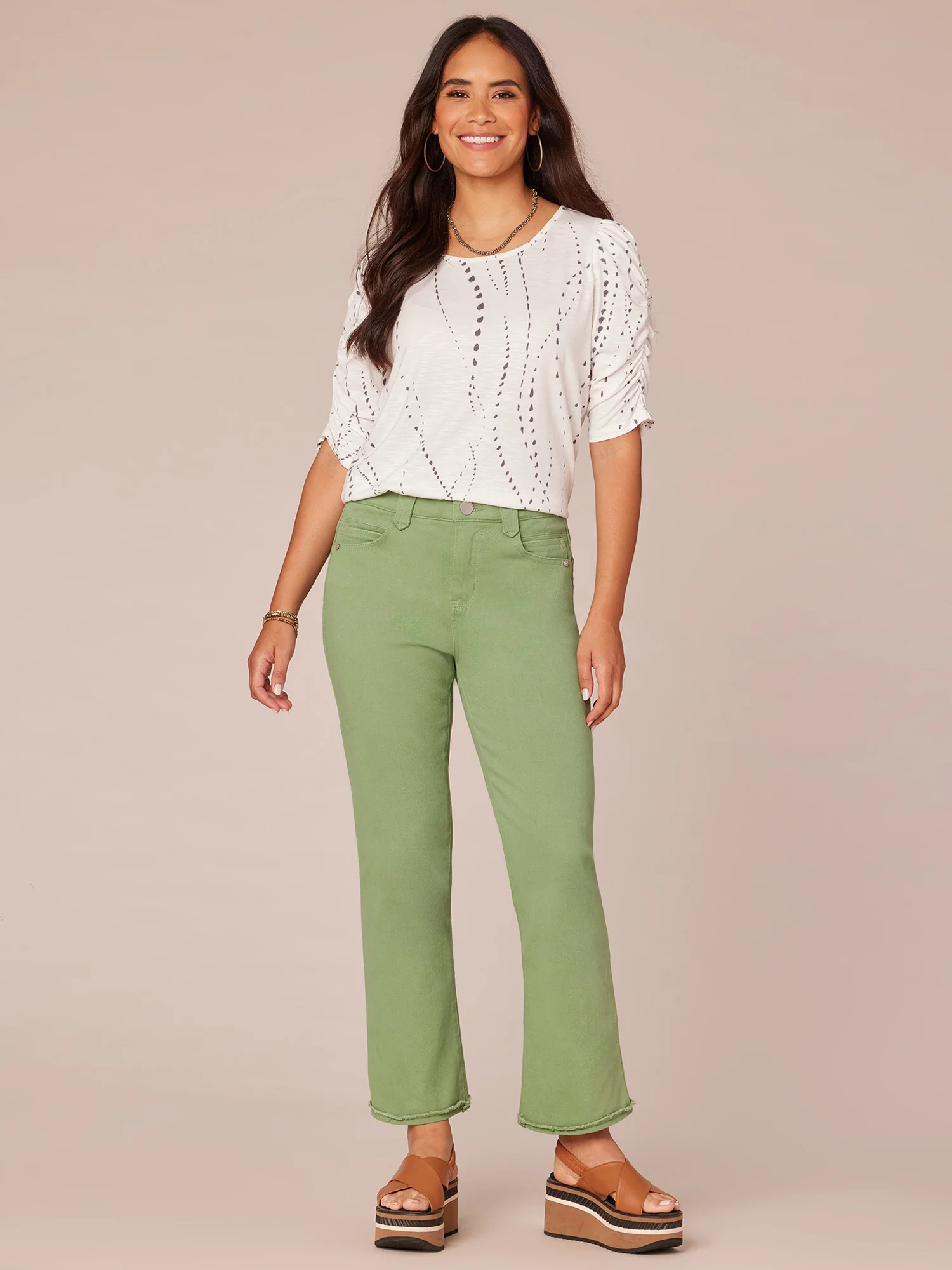 Ruched Elbow Sleeve Scoop Neck Dot Print Knit Top - Image 12