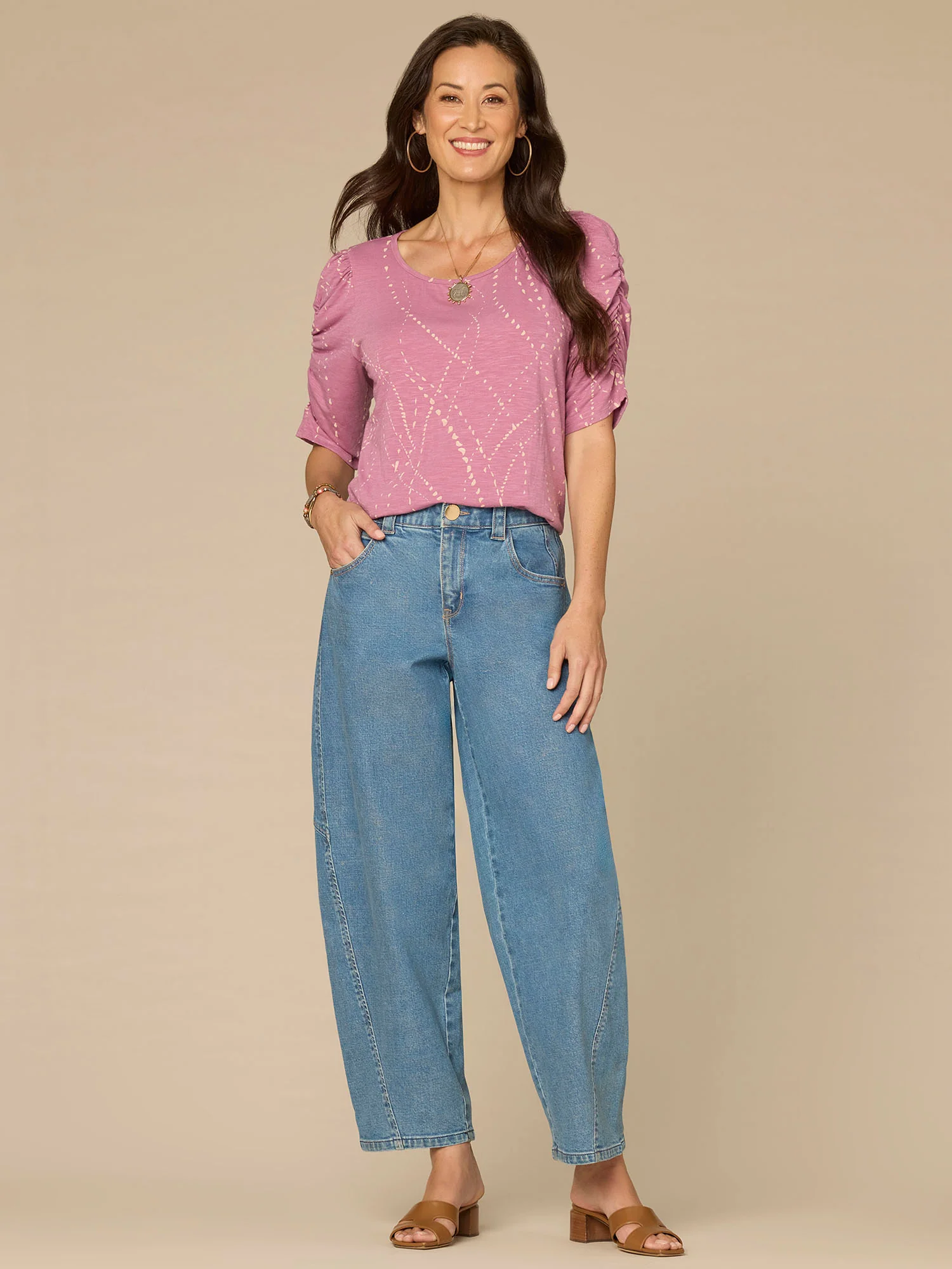 Ruched Elbow Sleeve Scoop Neck Dot Print Knit Top - Image 14