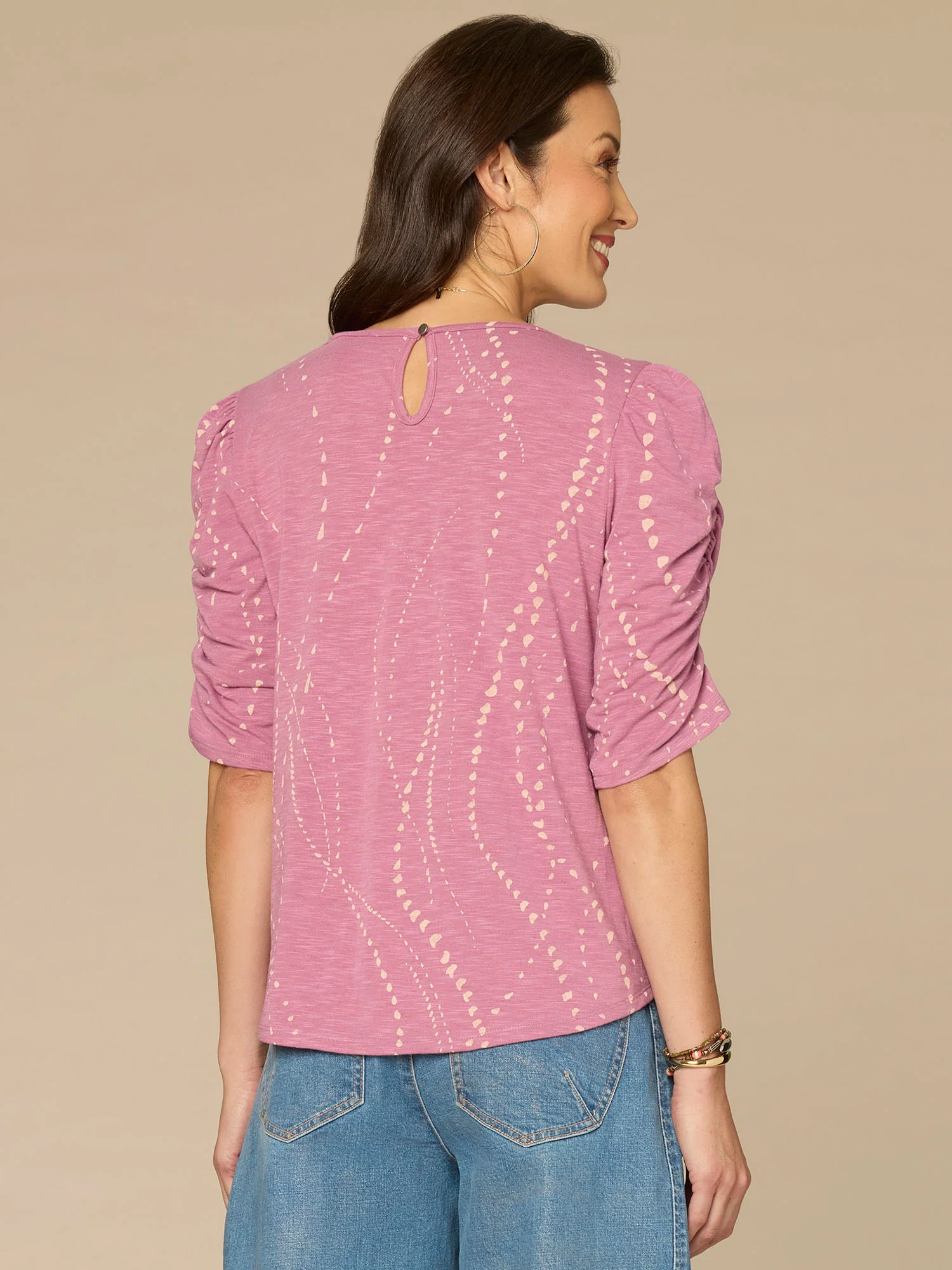 Ruched Elbow Sleeve Scoop Neck Dot Print Knit Top - Image 16