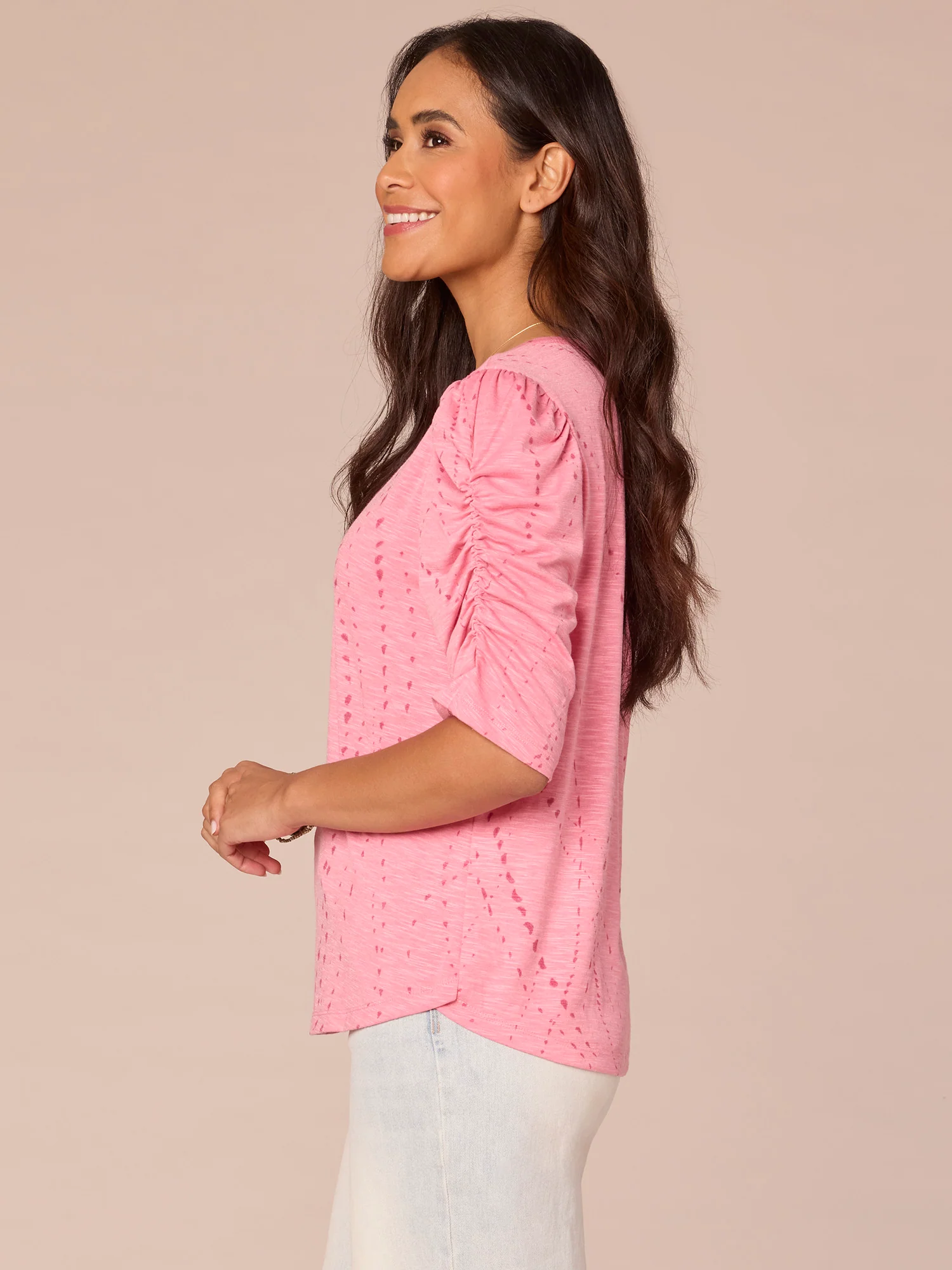 Ruched Elbow Sleeve Scoop Neck Dot Print Knit Top - Image 18