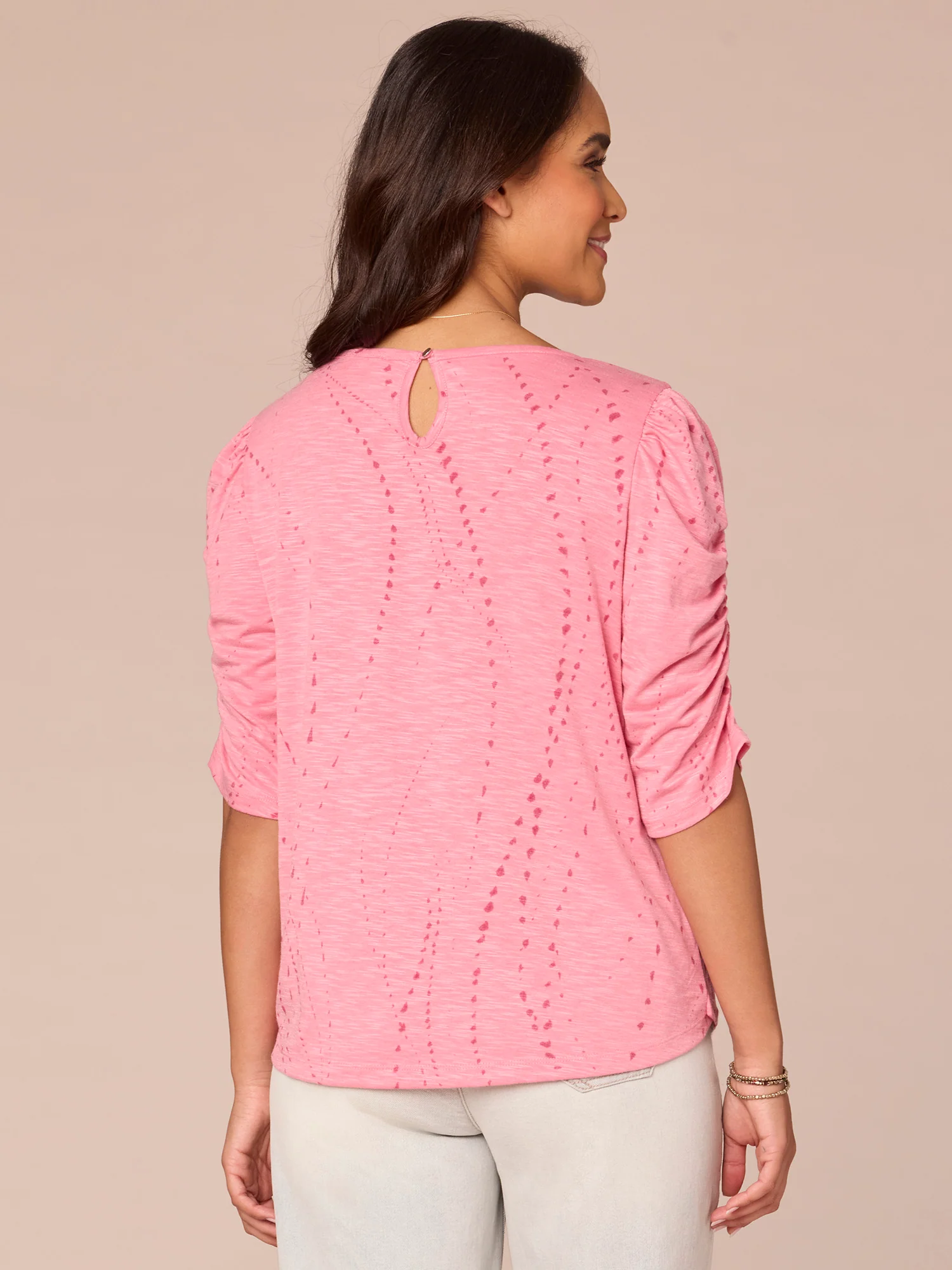Ruched Elbow Sleeve Scoop Neck Dot Print Knit Top - Image 19