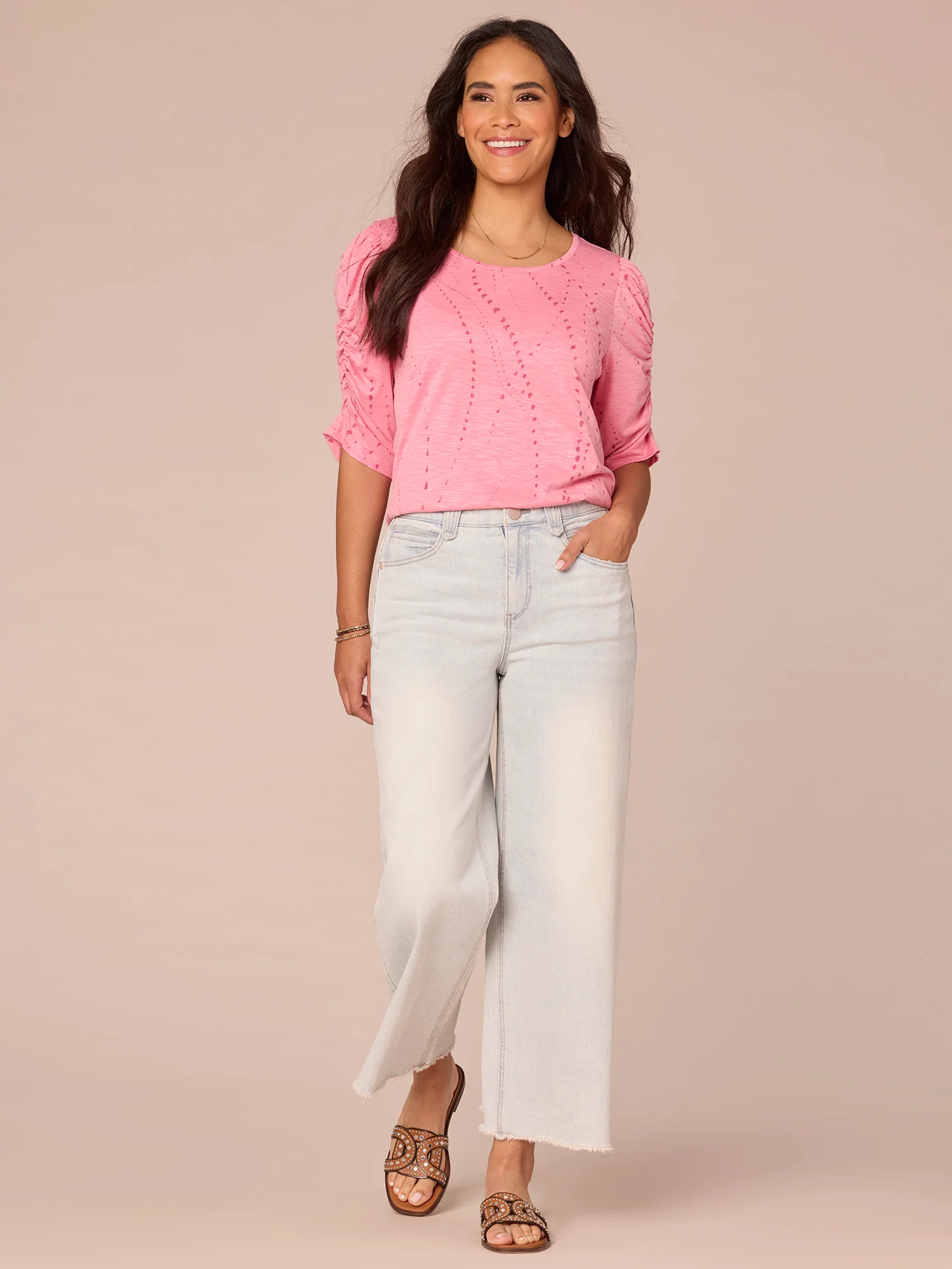 Ruched Elbow Sleeve Scoop Neck Dot Print Knit Top - Image 20