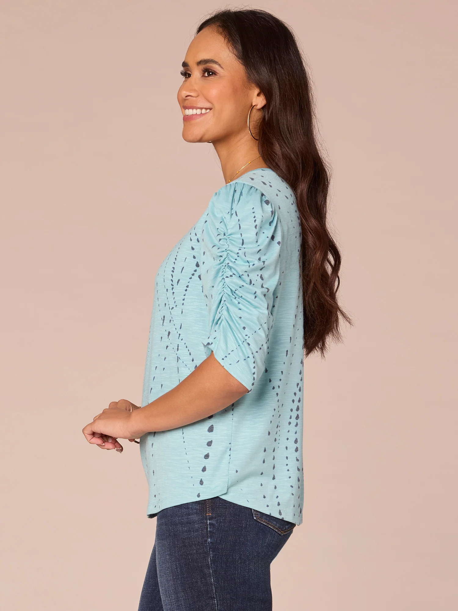 Ruched Elbow Sleeve Scoop Neck Dot Print Knit Top - Image 22
