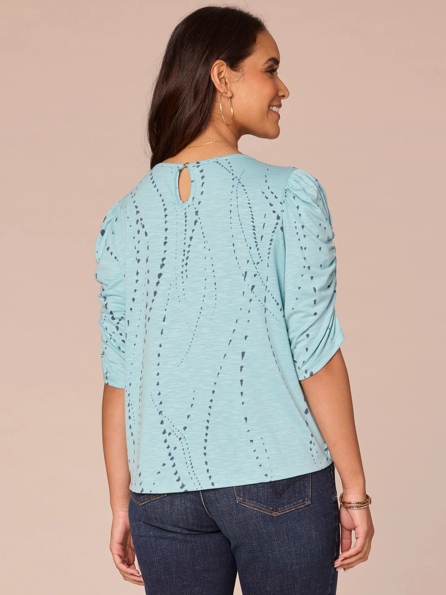 Ruched Elbow Sleeve Scoop Neck Dot Print Knit Top - Image 23