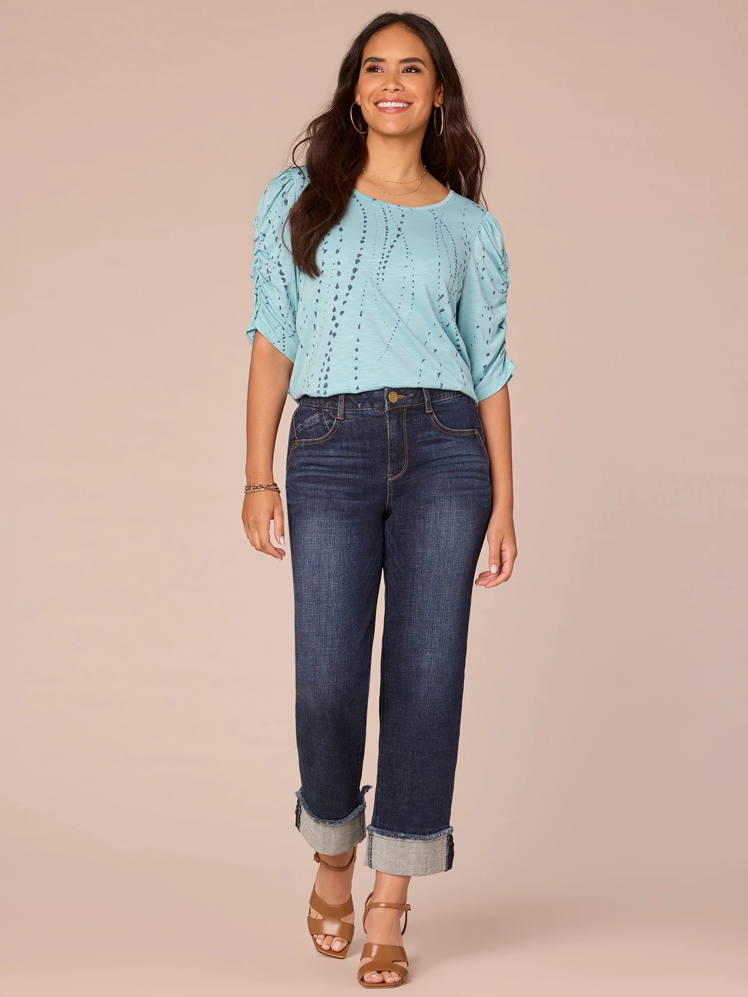 Ruched Elbow Sleeve Scoop Neck Dot Print Knit Top - Image 24