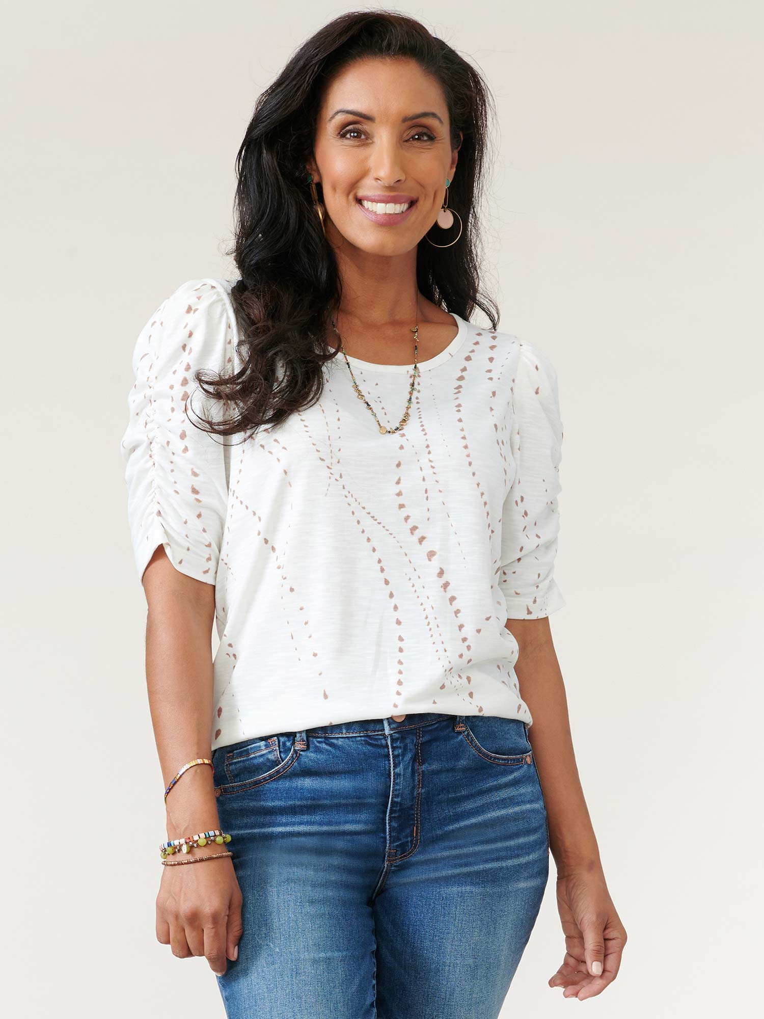 Ruched Elbow Sleeve Scoop Neck Dot Print Knit Top - Image 25