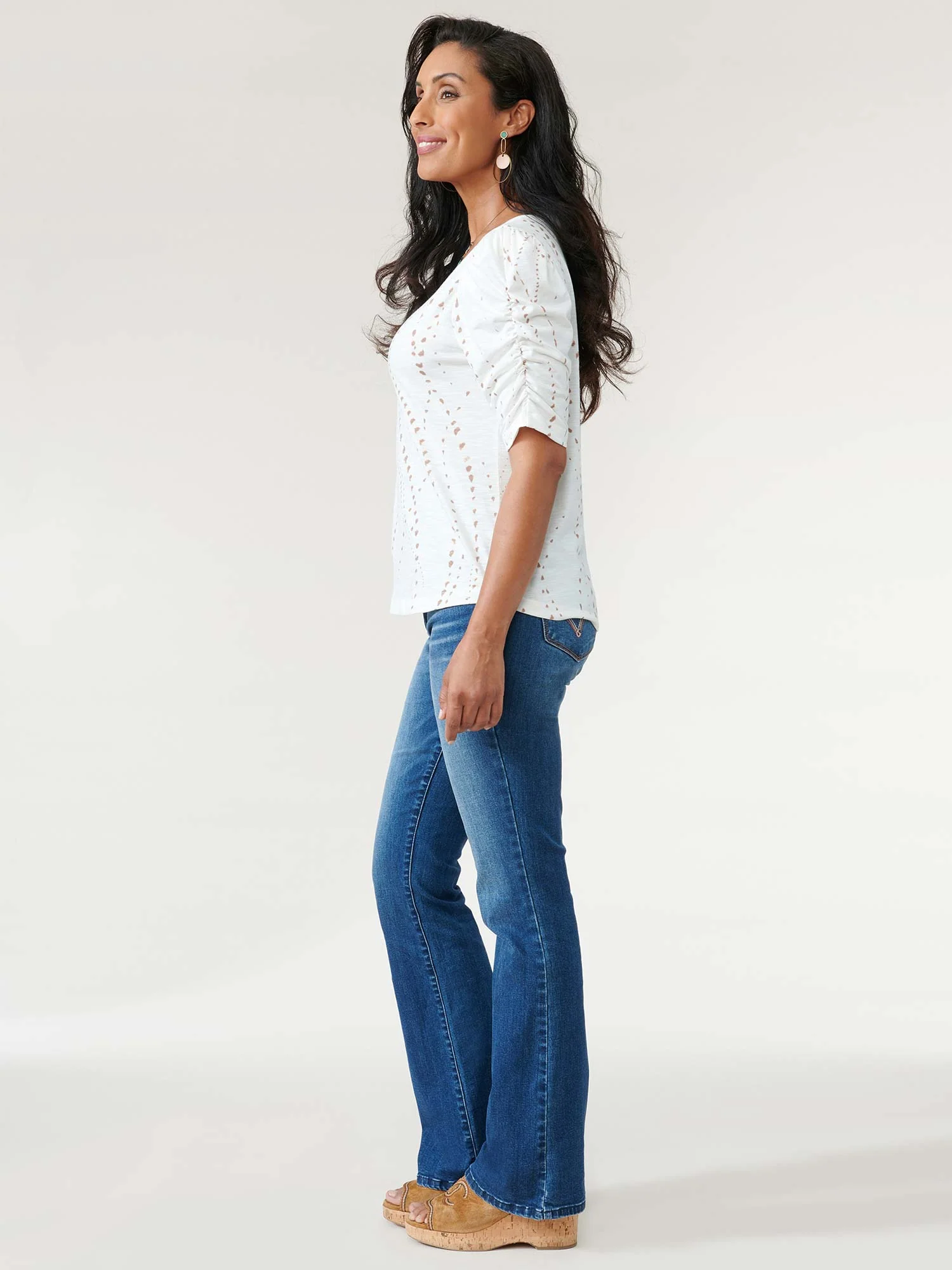Ruched Elbow Sleeve Scoop Neck Dot Print Knit Top - Image 26