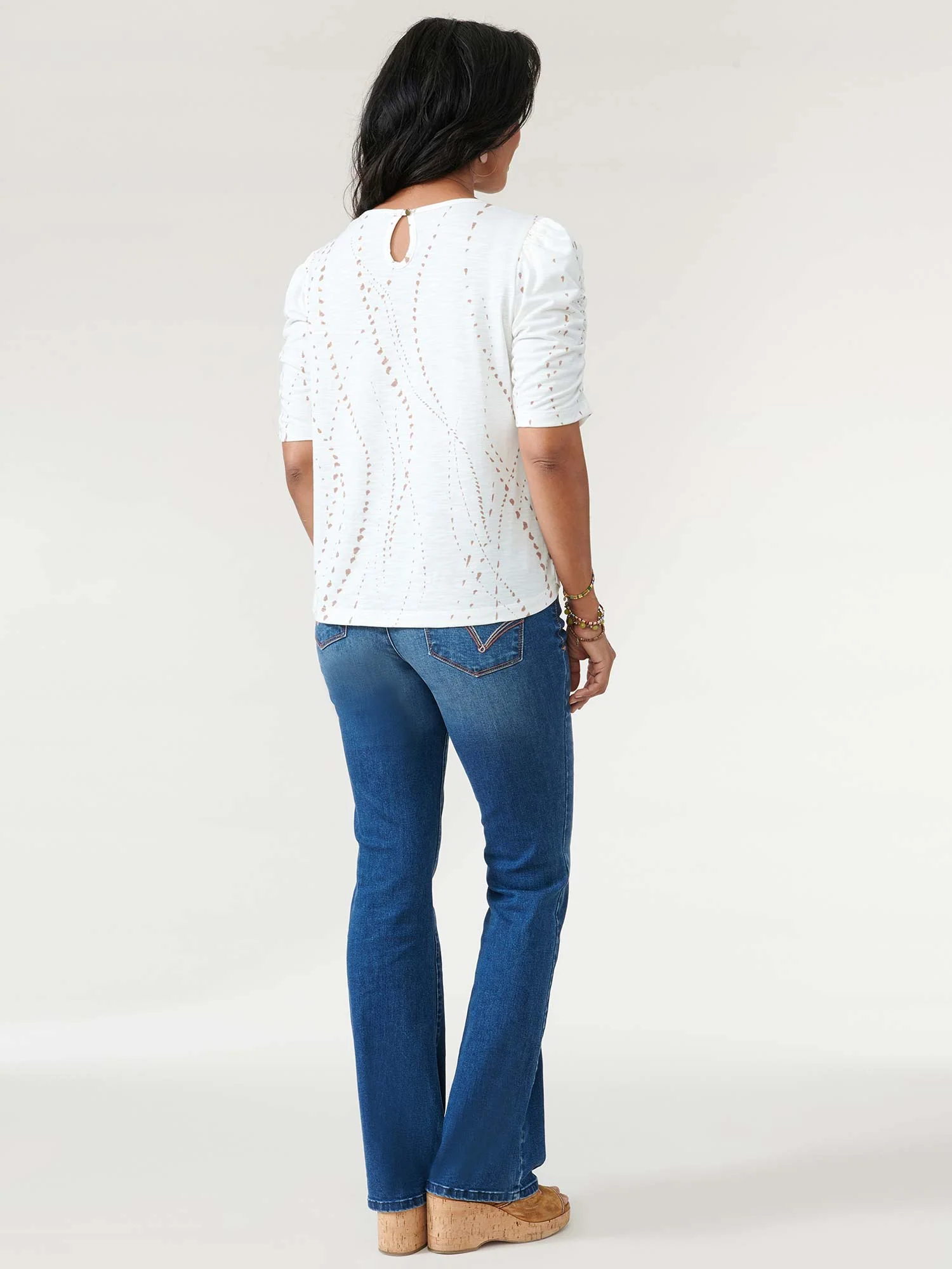 Ruched Elbow Sleeve Scoop Neck Dot Print Knit Top - Image 27