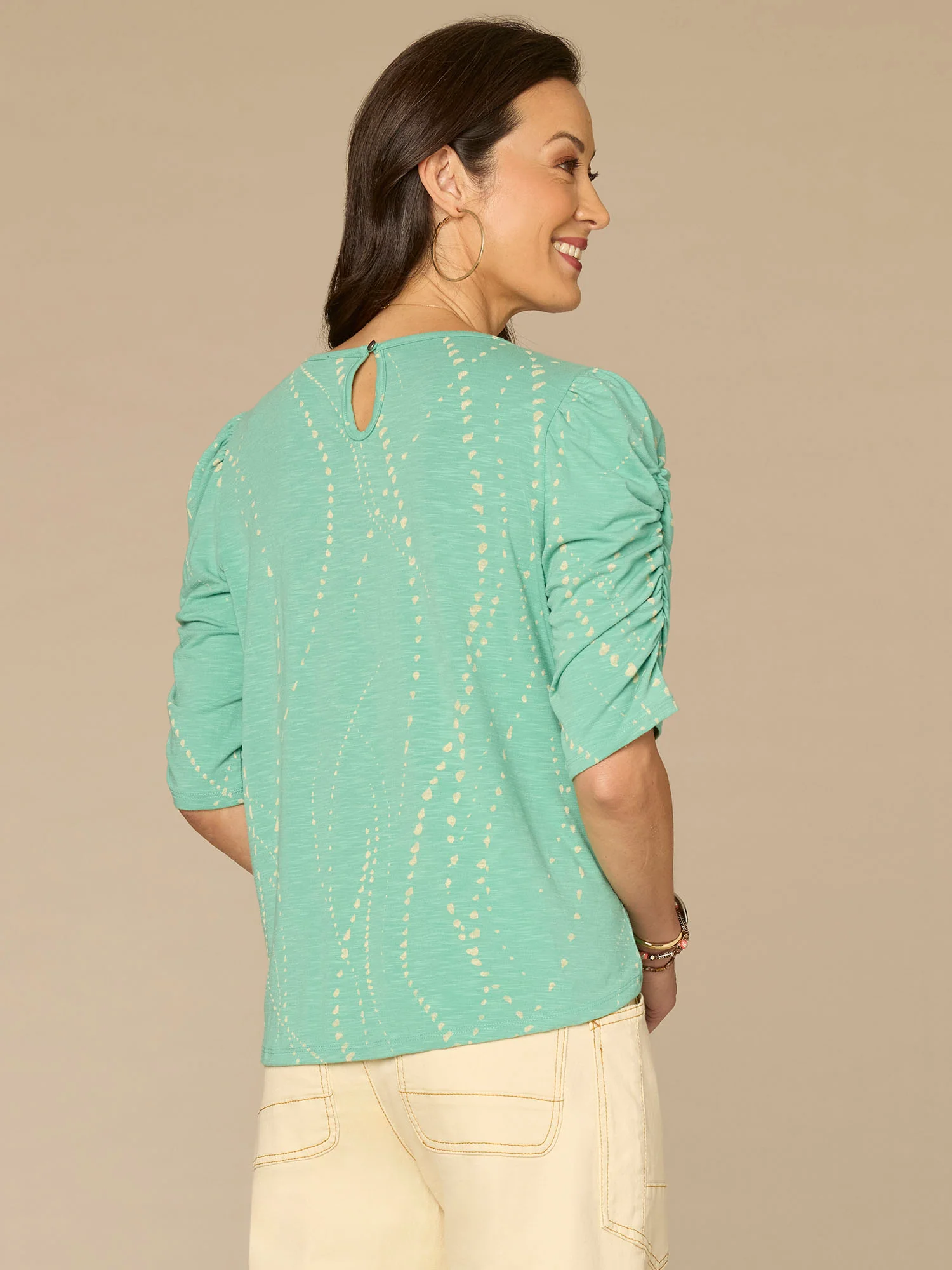 Ruched Elbow Sleeve Scoop Neck Dot Print Knit Top - Image 3
