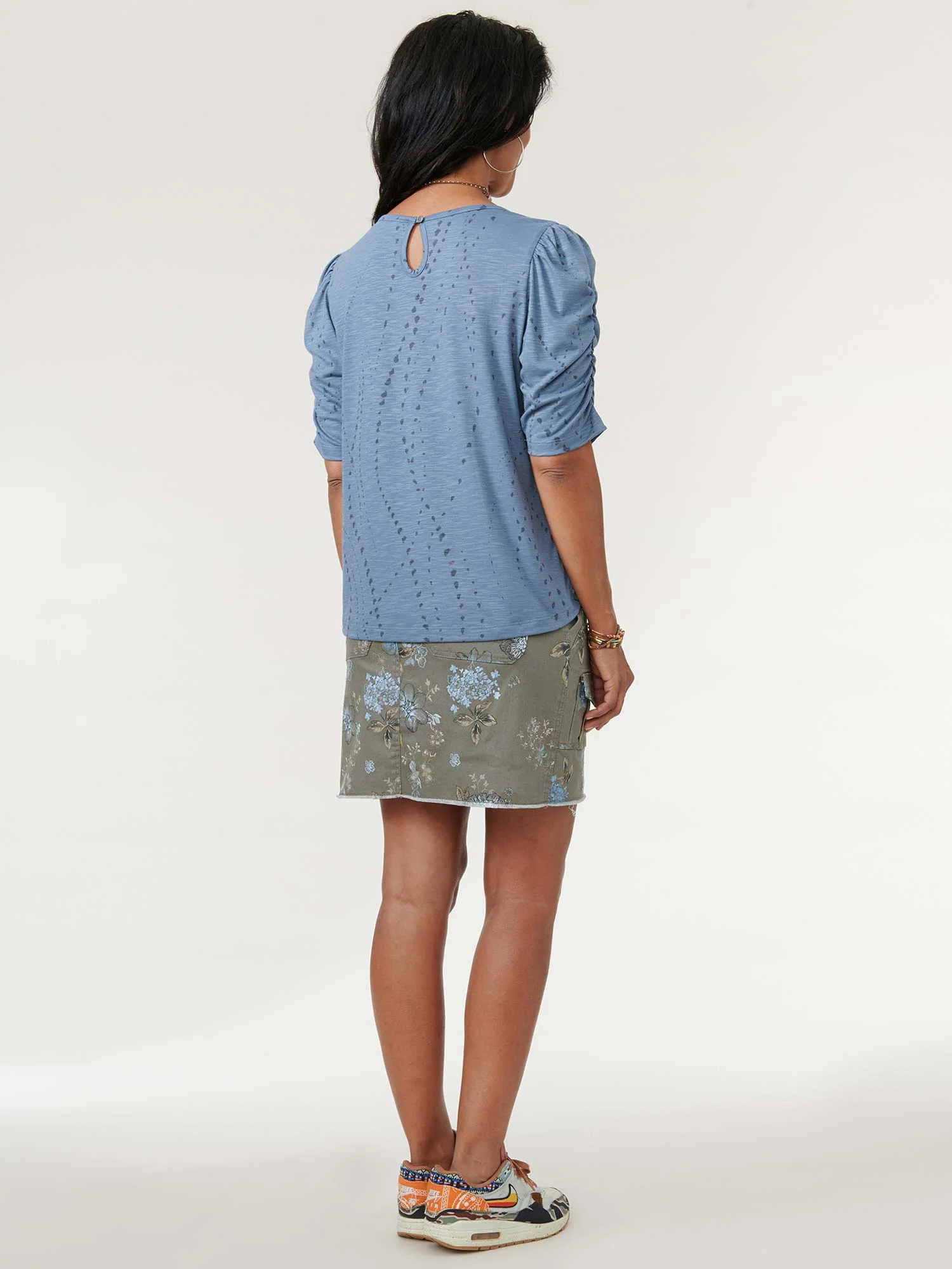 Ruched Elbow Sleeve Scoop Neck Dot Print Knit Top - Image 30