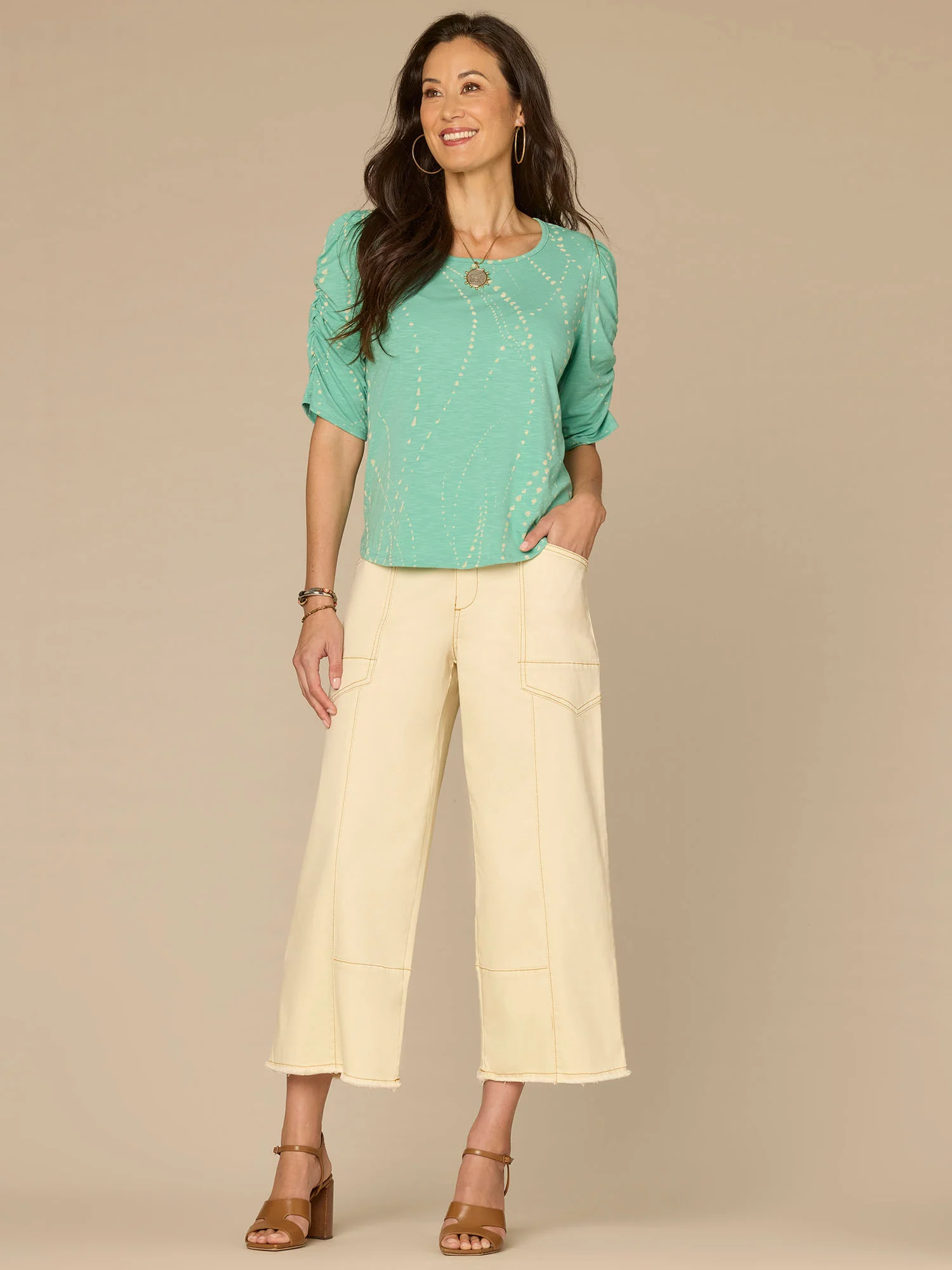 Ruched Elbow Sleeve Scoop Neck Dot Print Knit Top - Image 4