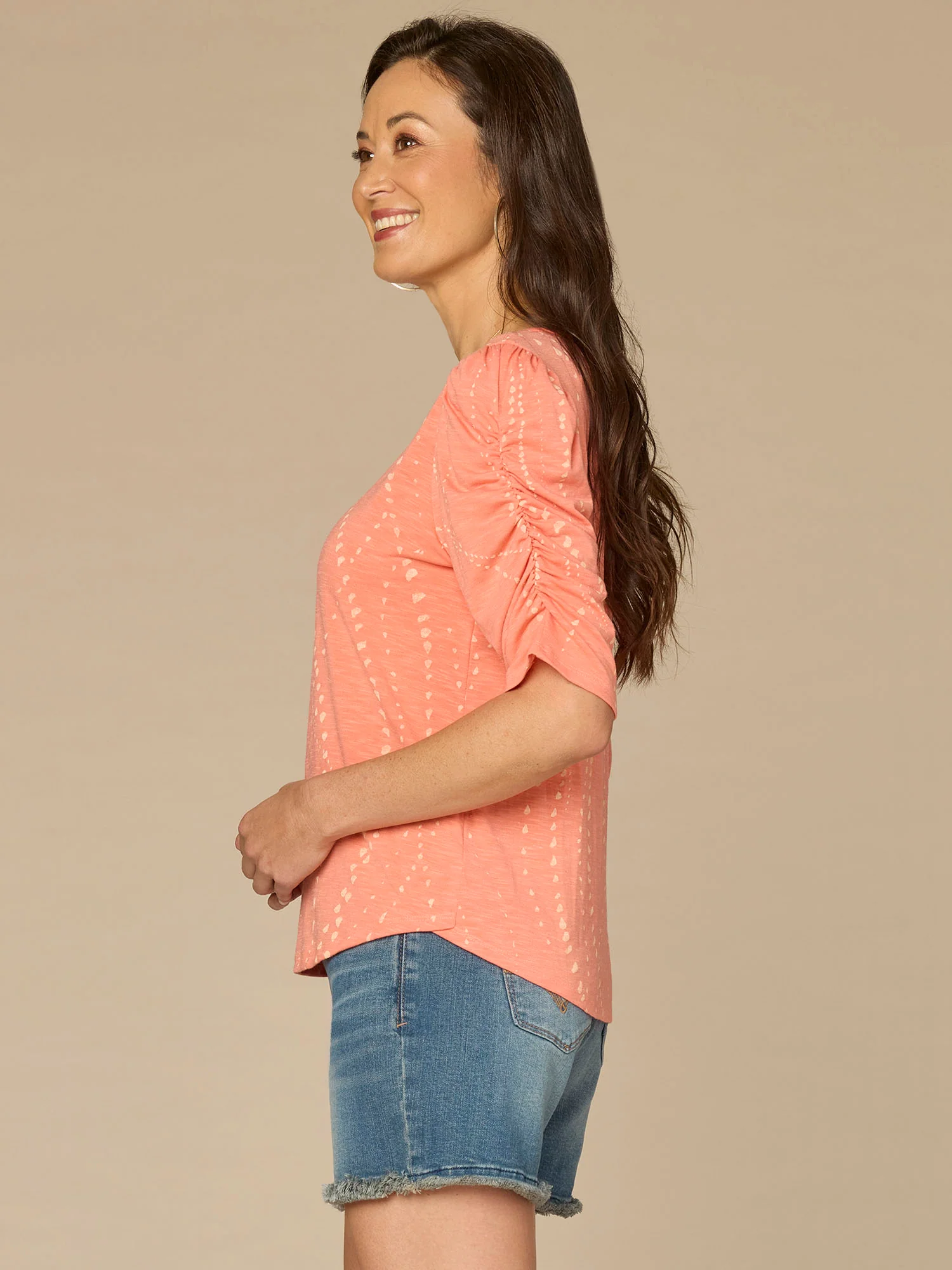 Ruched Elbow Sleeve Scoop Neck Dot Print Knit Top - Image 6
