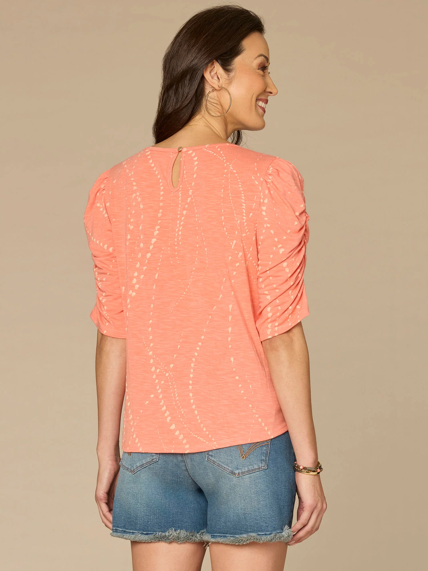 Ruched Elbow Sleeve Scoop Neck Dot Print Knit Top - Image 7