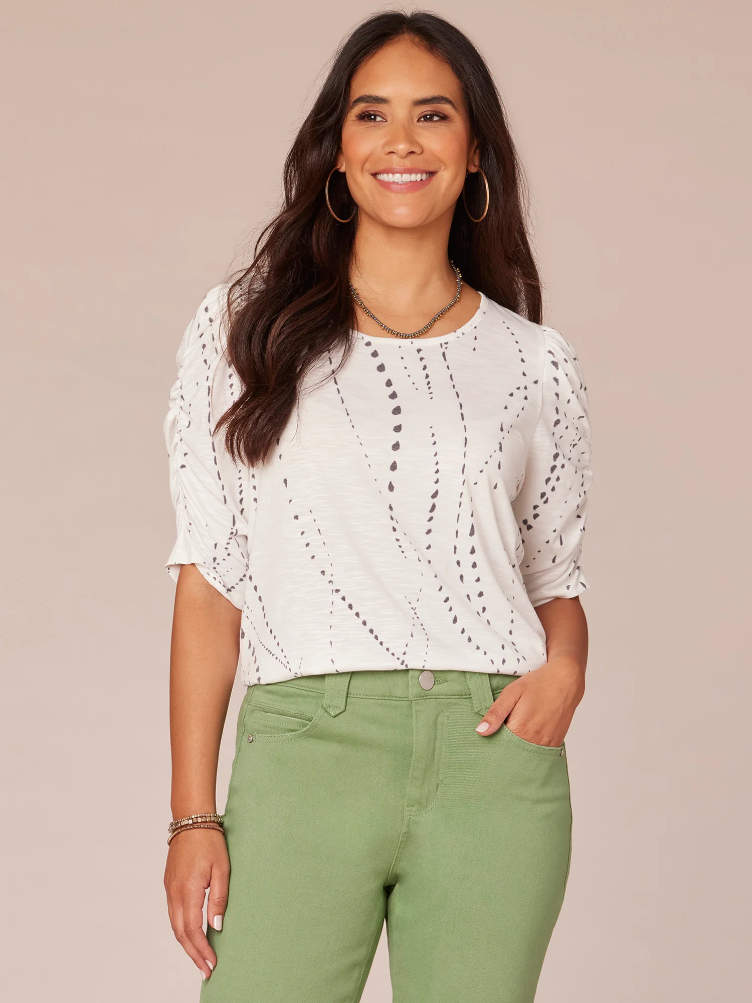 Ruched Elbow Sleeve Scoop Neck Dot Print Knit Top - Image 9