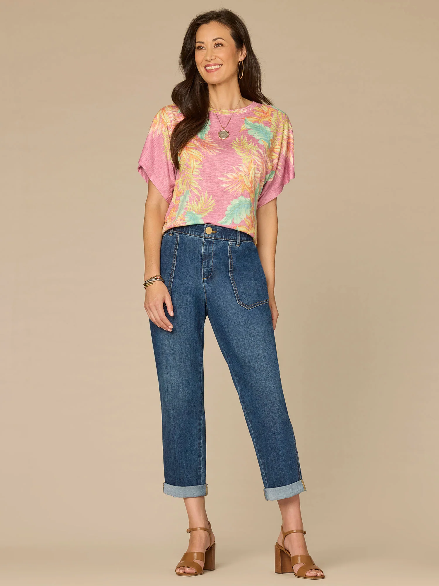 Short Dolman Sleeve Scallop Scoop Neck Placement Print Knit Top - Image 4