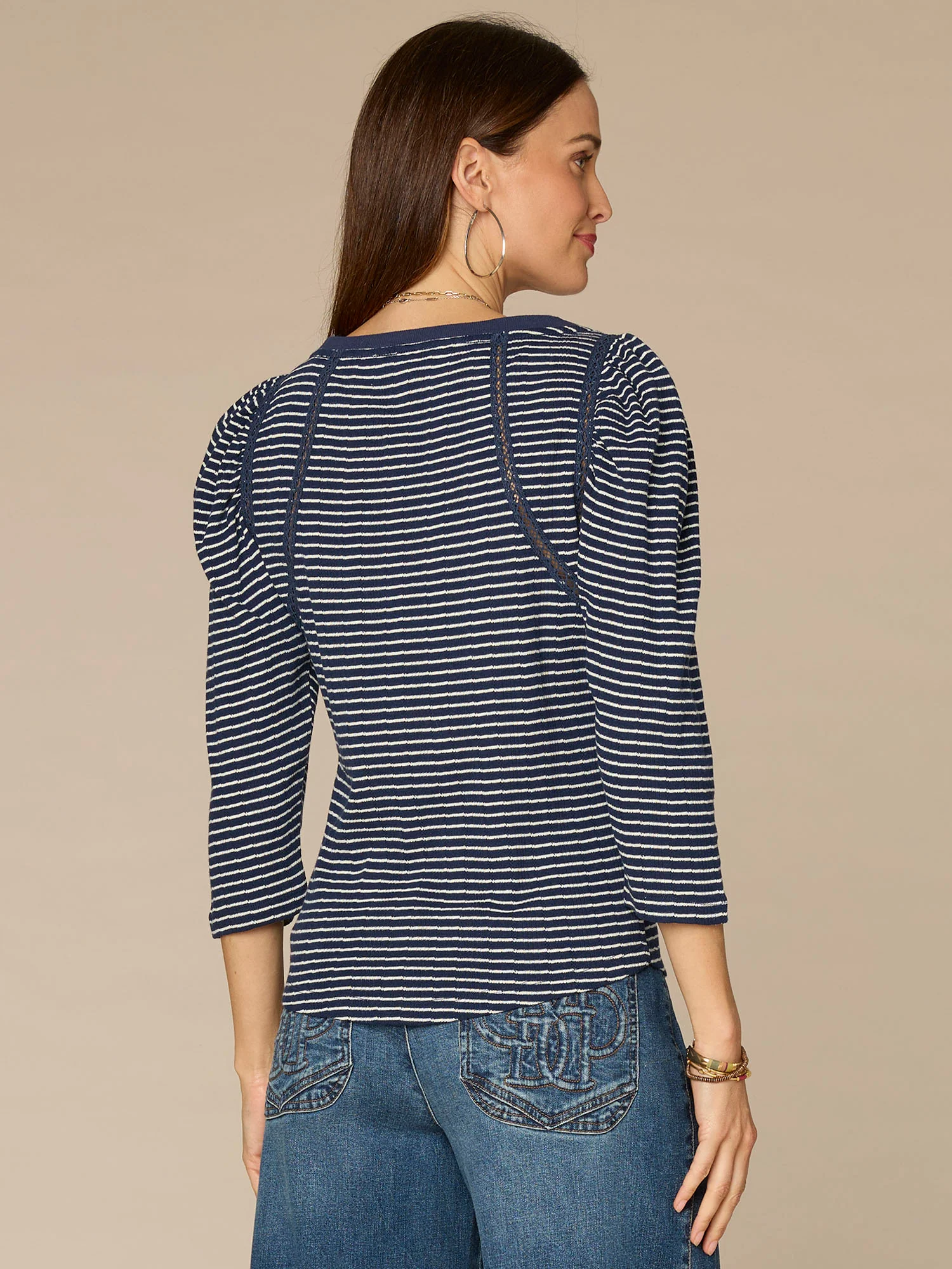 Three Quarter Sleeve Boat Neck Crochet Striped Knit Top - Image 3