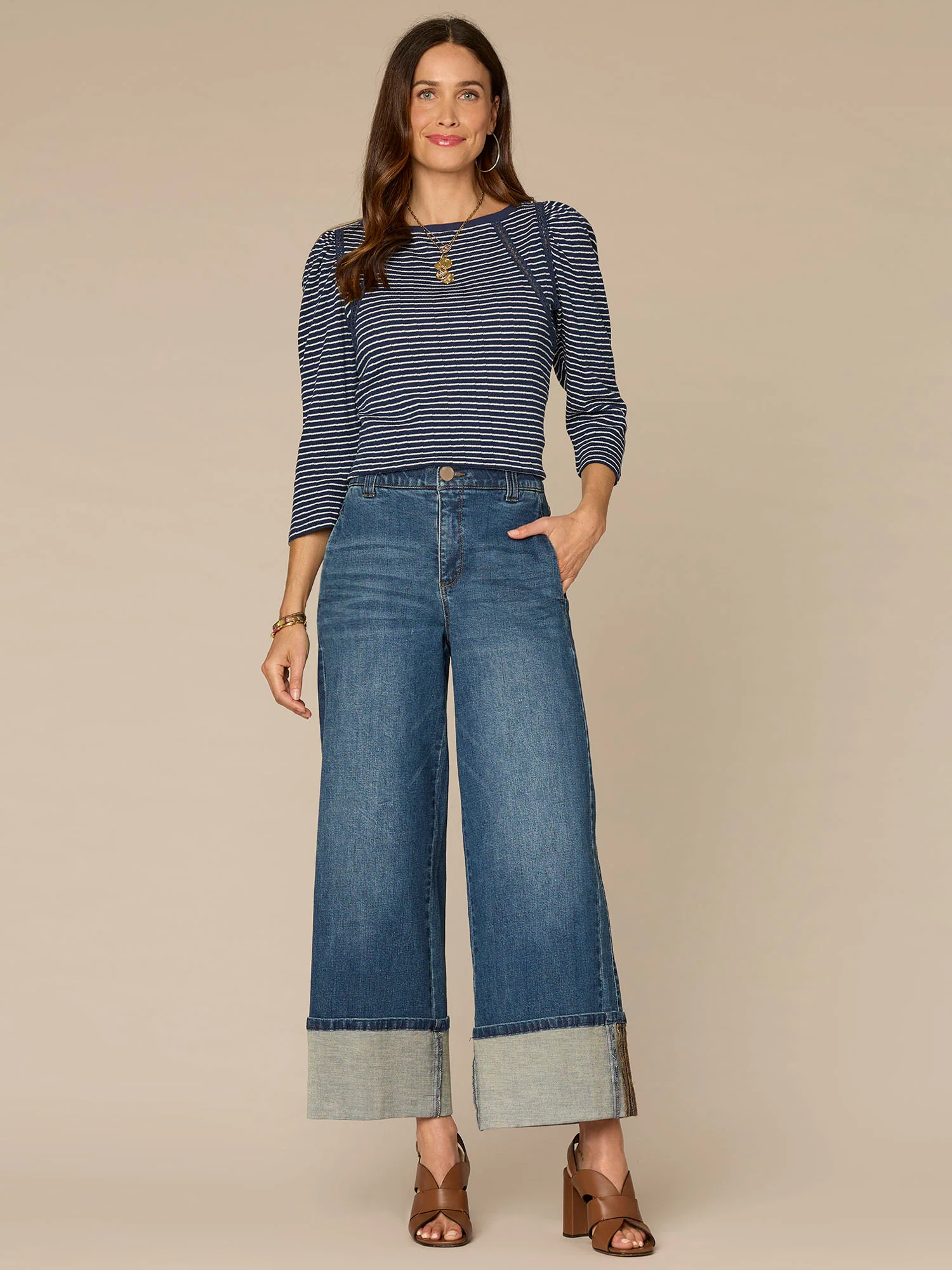 Three Quarter Sleeve Boat Neck Crochet Striped Knit Top - Image 4