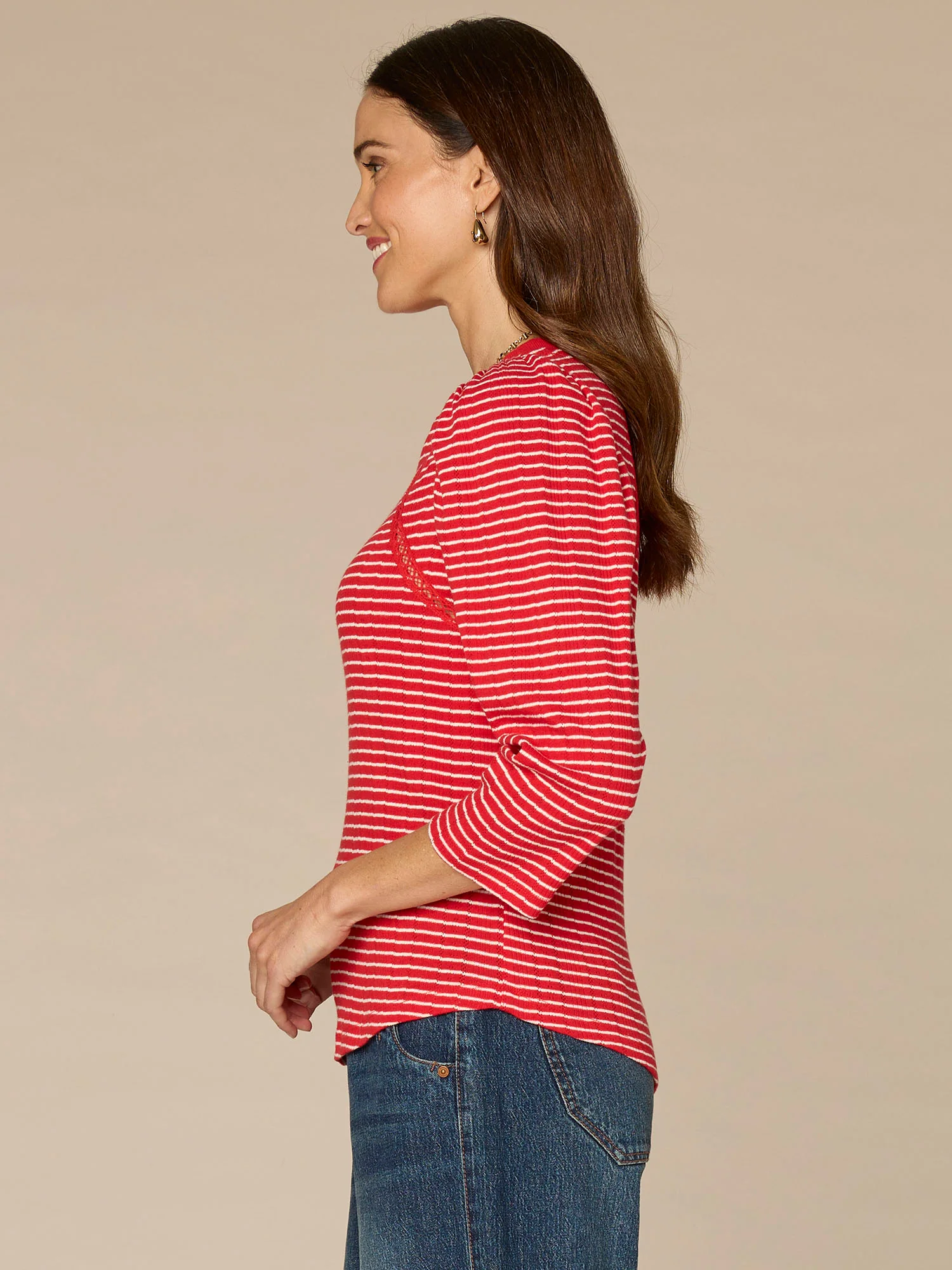 Three Quarter Sleeve Boat Neck Crochet Striped Knit Top - Image 6