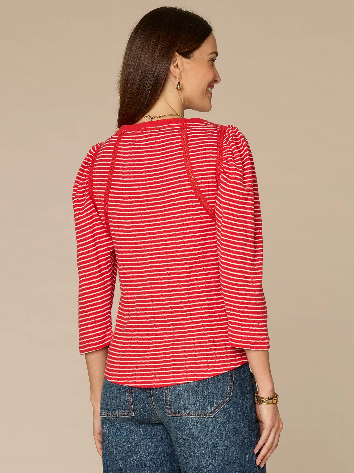 Three Quarter Sleeve Boat Neck Crochet Striped Knit Top - Image 7