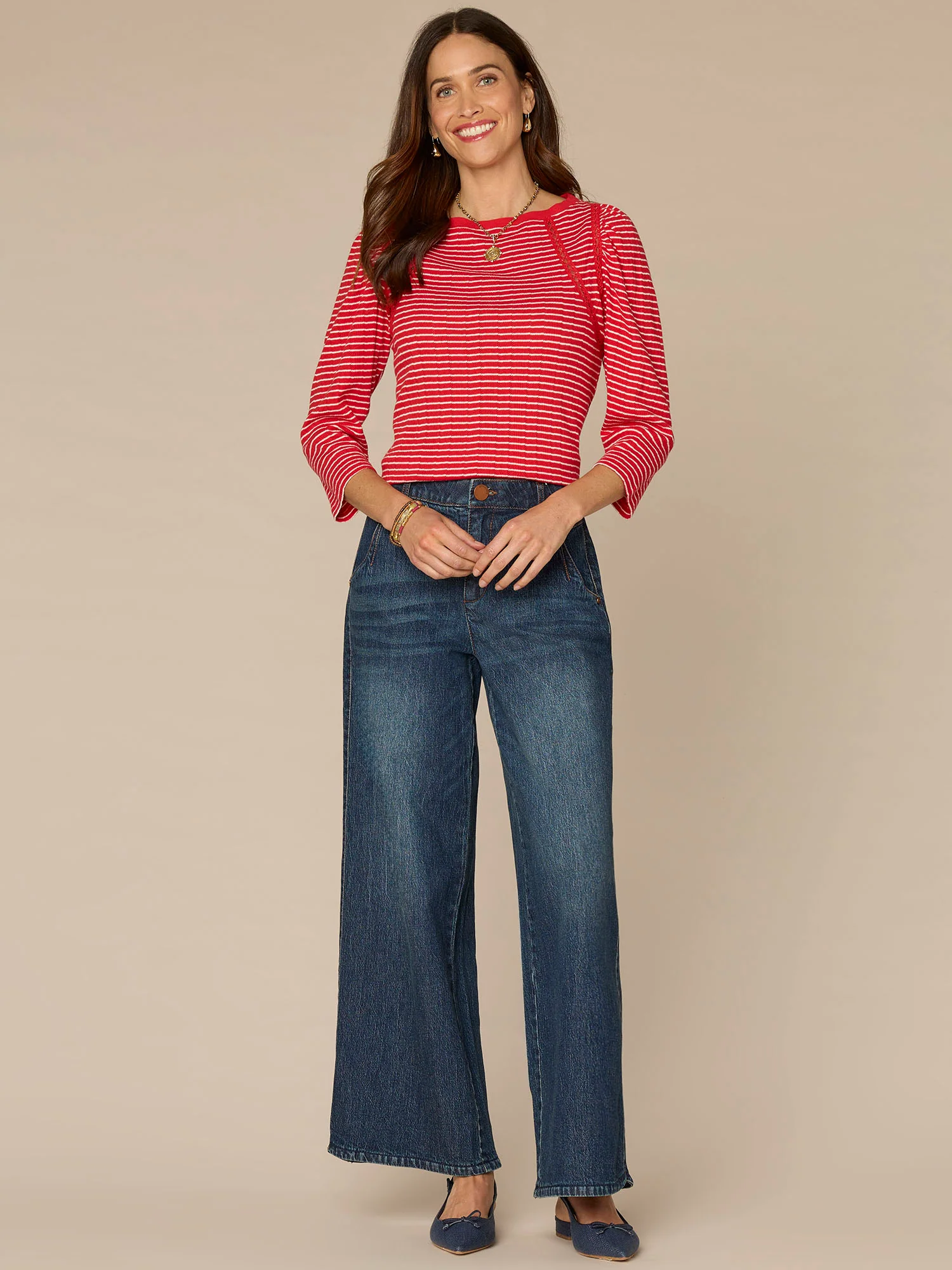Three Quarter Sleeve Boat Neck Crochet Striped Knit Top - Image 8