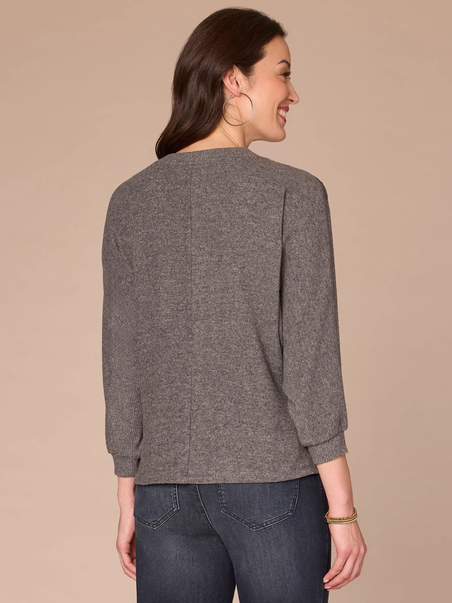 Three Quarter Sleeve Mandarin Collar Twist Hem Petite Knit Top - Image 3